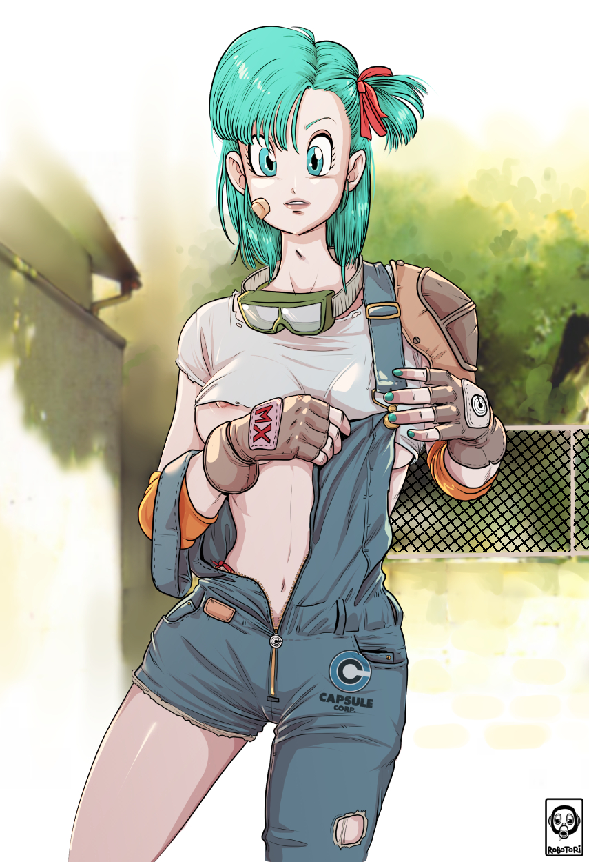 1girls blue_eyes blue_hair bulma_briefs capsule_corporation_logo dragon_ball dragon_ball_(classic) female female_only gloves goggles goggles_around_neck nipple_slip overalls pinup robotori shounen_jump solo tagme teenager underboob wild_rider_suit