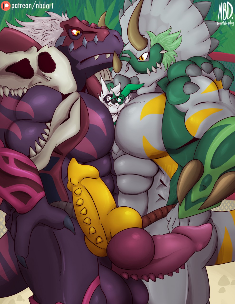 abs ambiguous_gender anthro ceratopsian dinosaur dinowrestler_king_t_wrextle dinowrestler_pankratops facing_each_other fangs frottage genitals group hi_res horn knot konami larger_male male male/ambiguous male/male mask muscular muscular_anthro naughtybigdog nintendo ornithischian pecs penis pokémon_(species) pokemon pokemon_(species) red_penis reptile scalie sex size_difference smaller_ambiguous spiked_penis spikes spikes_(anatomy) theropod triceratops tyrannosaurid tyrannosaurus tyrannosaurus_rex video_games yellow_eyes yellow_penis yu-gi-oh! zangoose