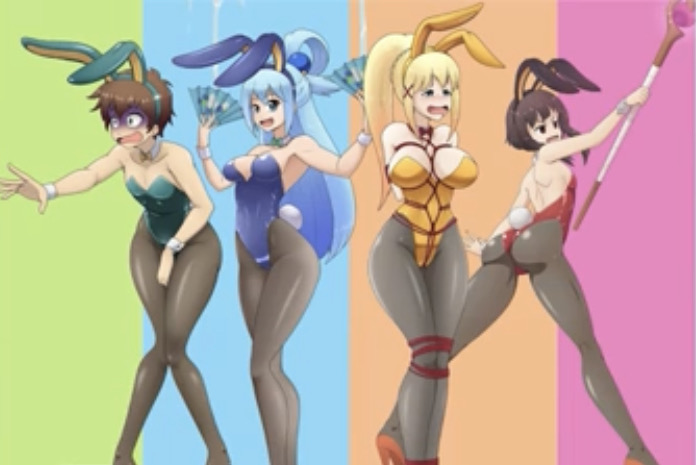 1boy, 3girls, aqua (konosuba), aqua hair, blonde hair, blue hair, bondage, brown hair, brunette, bunny boy, bunny ears, bunny girl, bunnysuit, colorful background, crossdressing, darkness (konosuba), female, kono subarashii sekai ni shukufuku wo!, light blue hair, male, megumin, multiple girls, satou kazuma