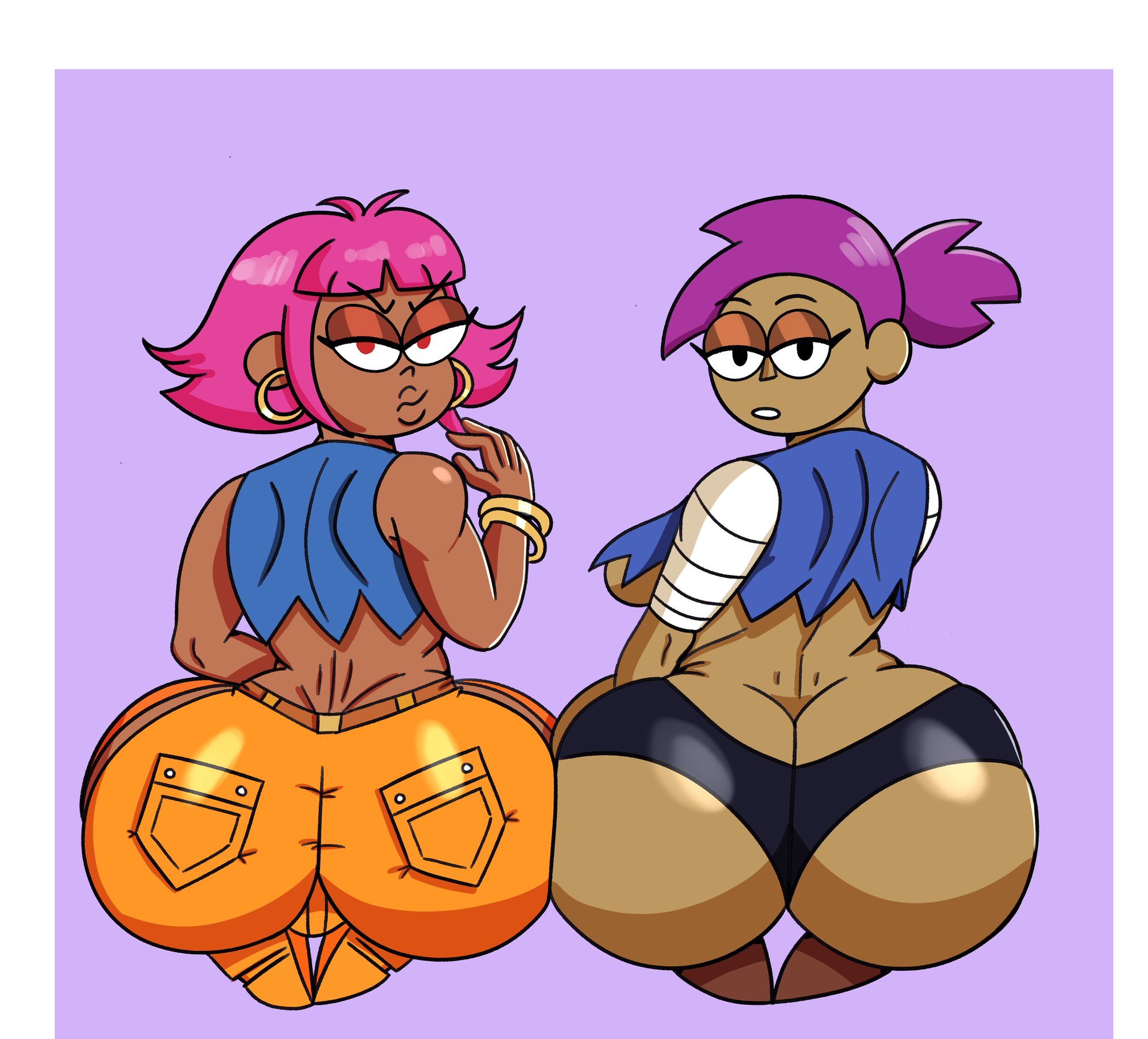 2girls, african female, ass, ass cleavage, ass crack, big ass, bottom heavy, breasts, bubble ass, bubble butt, busty, butt crack, cartoon network, clothing, coldarsenal, dark skin, dark-skinned female, double chocolate, enid, eyeshadow, fat ass, female, female focus, female only, full body, hourglass figure, huge ass, human, human shannon, humanized, kneeling, large ass, looking at viewer, makeup, multiple females, multiple girls, ok k.o.! let's be heroes, pink hair, pinup, pinup pose, pose, posing, purple hair, rear view, shannon (ok k.o.! let's be heroes), shannon boxman, sideboob, skimpy, thick ass, wide hips
