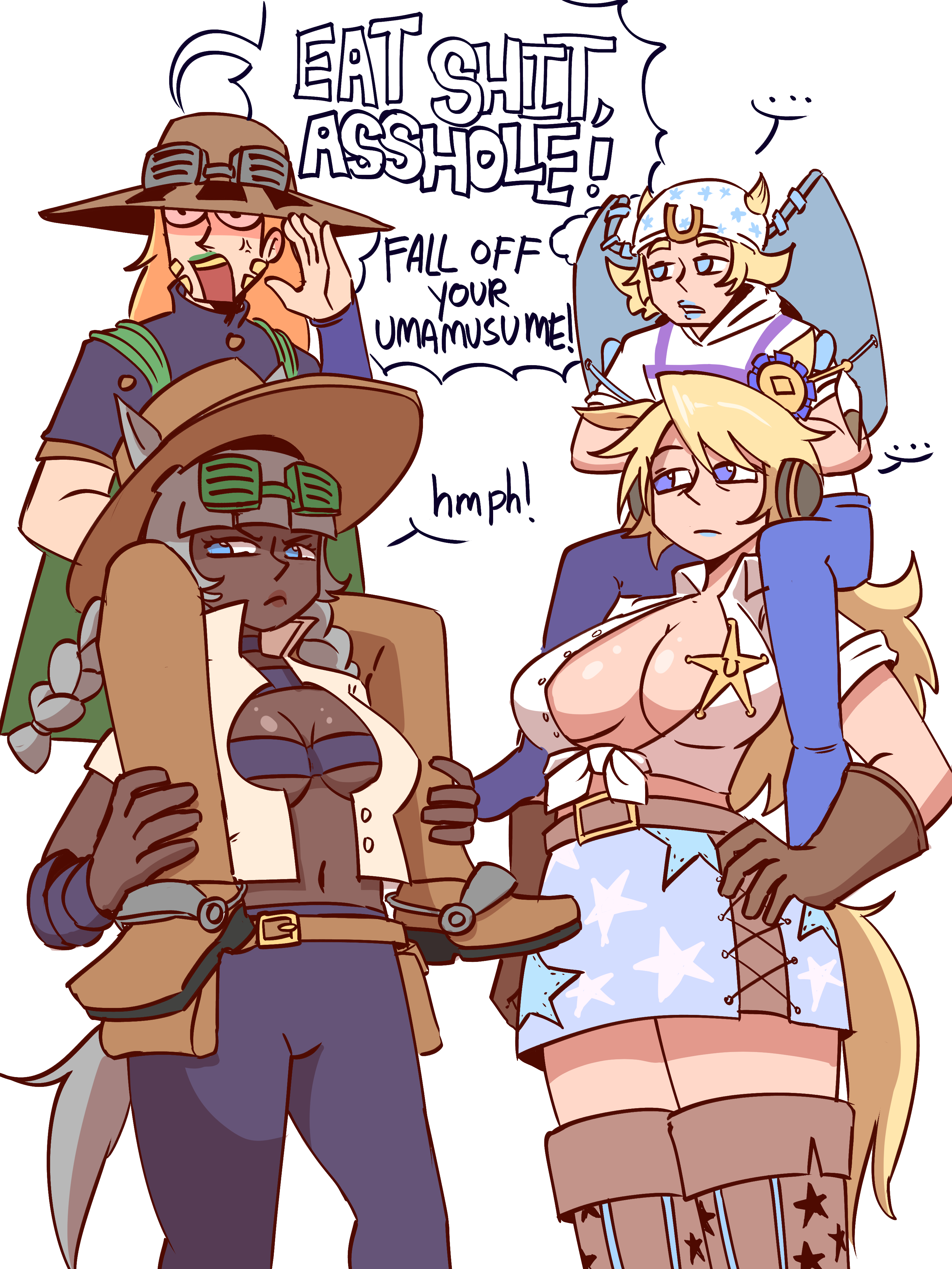 2boys, 2girls, big breasts, bigger female, blond male, blonde female, blonde hair, blonde male, blonde-haired female, blonde-haired male, breasts, clothed, clothed female, clothed male, crossover, dark skin, dark-skinned female, female, gray hair, gray hair female, grey hair, grey hair female, gyro zeppeli, height difference, horse girl, horsegirl, human, human male, johnny joestar, jojo no kimyou na bouken, jojo's bizarre adventure, larger female, light skin, light-skinned male, male, revannman, shorter male, size difference, slow dancer (jjba), smaller male, steel ball run, umamusume, umamusume pretty derby, valkyrie (jjba)