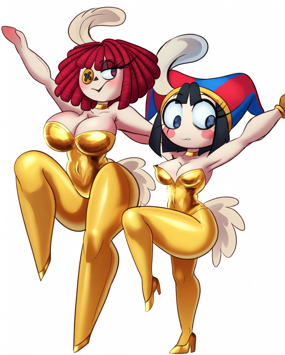 2girls, big breasts, body control, canonical scene, color, dancing, embarrassed, embarrassing outfit, female, female focus, female only, hjsakldfhl (tadc), pomni (dancer outfit), pomni (the amazing digital circus), ragatha (dancer outfit), ragatha (the amazing digital circus), source request, tagme, the amazing digital circus, thick thighs