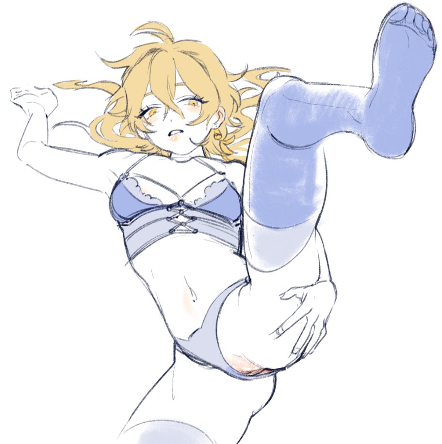 aether (genshin impact), anus, blonde hair, centipeeing, cuntboy, feminization, genshin impact, hair down, intersex, lingerie, long hair, looking at viewer, panties, presenting, solo, yellow eyes