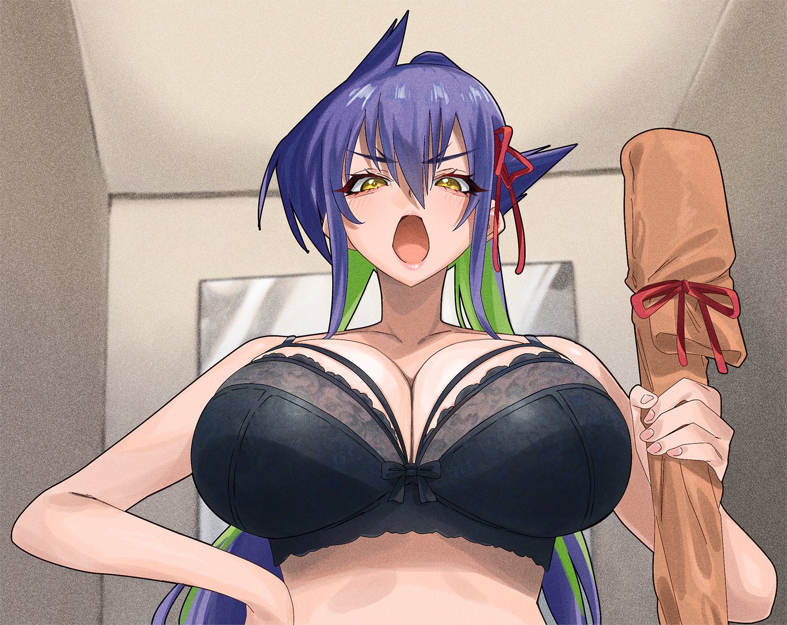 1girls, 2d, 2d (artwork), 2d artwork, angry, angry expression, angry face, big breasts, blush, blush lines, blushing female, bra, breasts, breasts bigger than head, breasts focus, changing room, cleavage, color, colored, detailed background, embarrassed, embarrassed exposed female, embarrassed expression, embarrassed female, female, female focus, female only, flushed, flushed cheeks, flushed face, gaston18, green hair, hand on waist, huge breasts, kanan-sama wa akumade choroi, lace-trimmed bra, laced bra, lingerie, lingerie only, looking at viewer, low angle, multicolored hair, no dialogue, partially clothed, partially clothed female, partially nude, partially nude female, partially undressed, purple hair, red bow, shinryuji tekka, tits bigger than head, tits focus, two-tone hair, yellow eyes