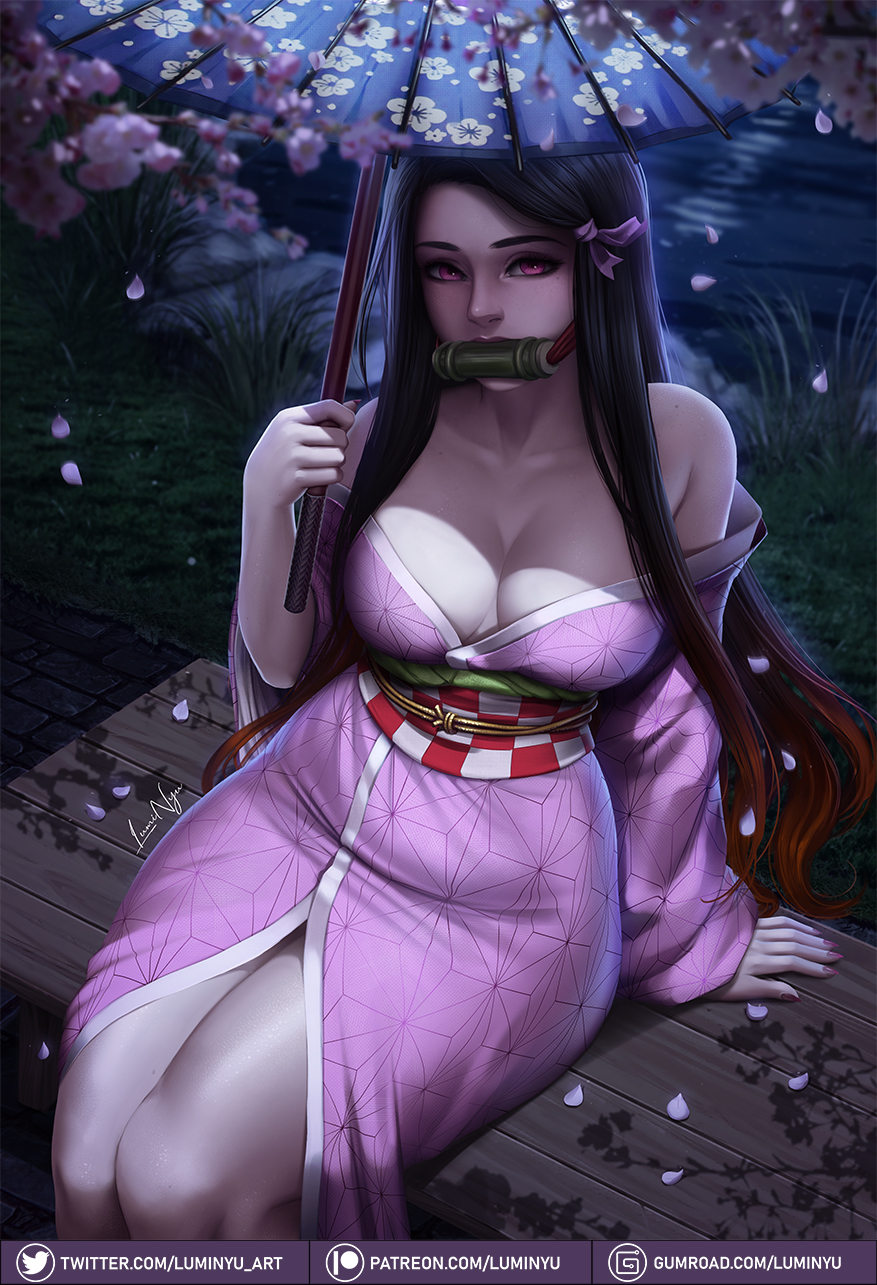 1girls, aged up, bare shoulders, black hair, breasts, cleavage, clothed, clothing, demon, demon girl, demon slayer, female, female focus, female only, gag, kamado nezuko, kimetsu no yaiba, kimono, light skin, light-skinned female, long hair, looking at viewer, luminyu, medium breasts, obi, pale skin, pale-skinned female, purple eyes, realistic, sitting, solo, solo focus, thick thighs, thighs, two-tone hair, umbrella, very long hair, white skin