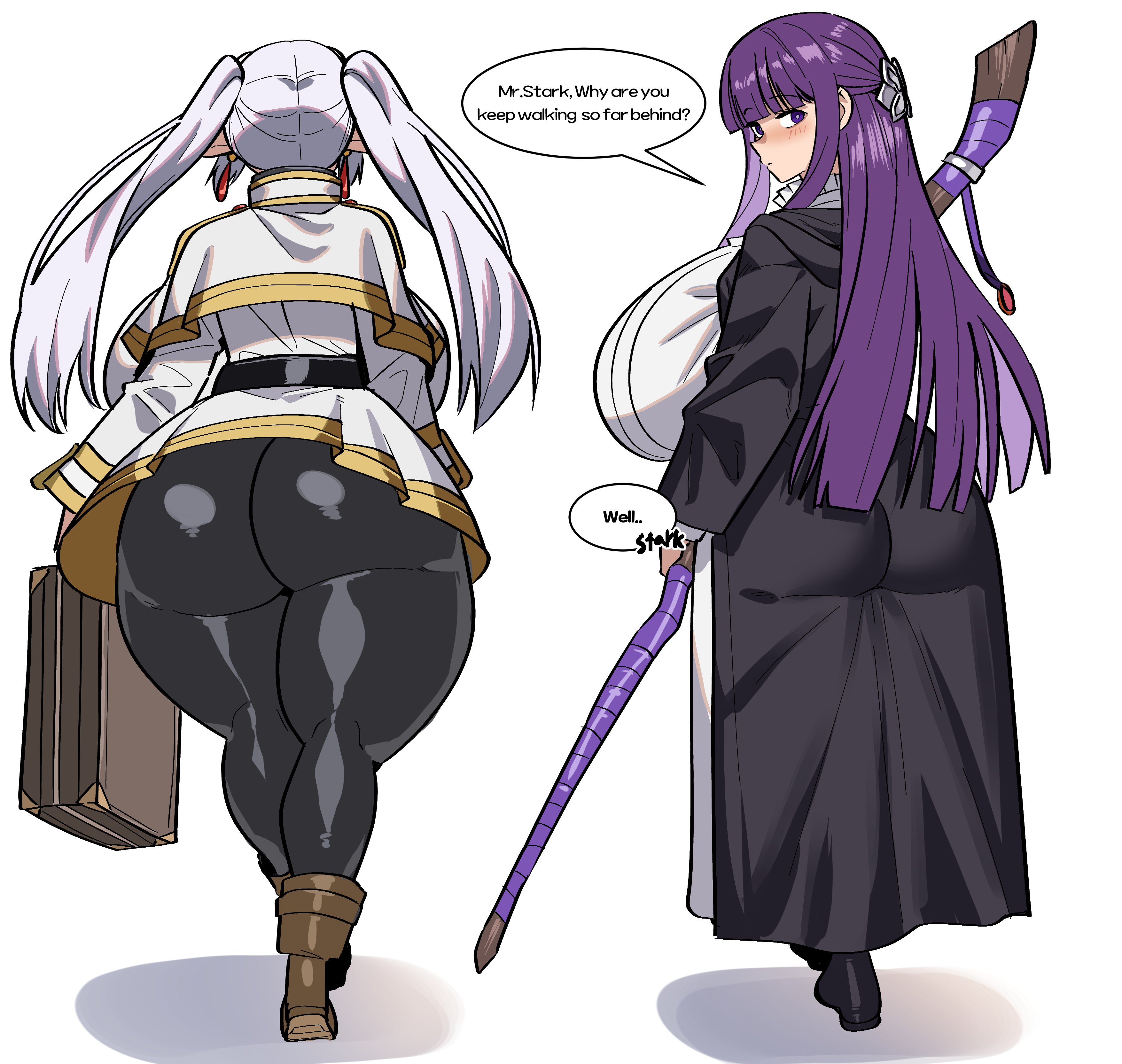 2girls, curvy, earrings, english, english text, female, female only, fern (sousou no frieren), frieren, frieren beyond journey's end, gamjasssak, huge ass, huge breasts, long hair, pointy ears, purple hair, sousou no frieren, thick ass, thick thighs, twintails, white hair, wide hips