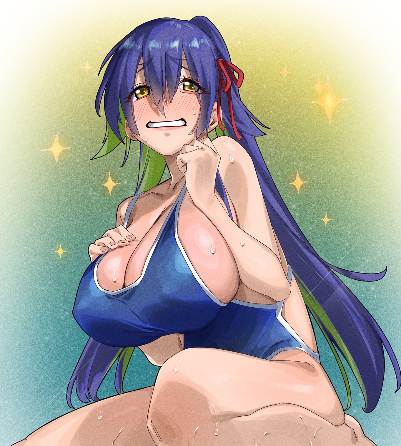 1girls, 2d, 2d (artwork), 2d artwork, big breasts, blue swimsuit, blush, blush lines, blushing female, breasts, breasts bigger than head, breasts focus, cleavage, color, colored, dripping, dripping wet, embarrassed, embarrassed expression, embarrassed female, female, female focus, female only, flushed, flushed cheeks, flushed face, gaston18, green hair, hand on breast, huge breasts, kanan-sama wa akumade choroi, looking up, low angle, massive breasts, massive tits, multicolored hair, no dialogue, purple hair, red bow, shinryuji tekka, simple background, swimsuit, tits bigger than head, tits focus, two-tone hair, wet, wet body, wet breasts, wet hips, wet legs, wet skin, wet thighs, yellow eyes