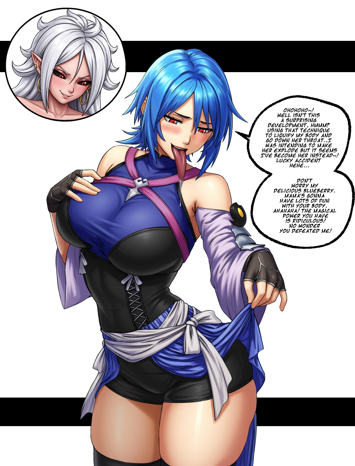android 21, aqua (kingdom hearts), blue hair, dragon ball, dragon ball fighterz, drooling, female only, femdom, huge breasts, kingdom hearts, long tongue, majin android 21, open mouth, possession, red eyes, thick thighs, umbracallistis