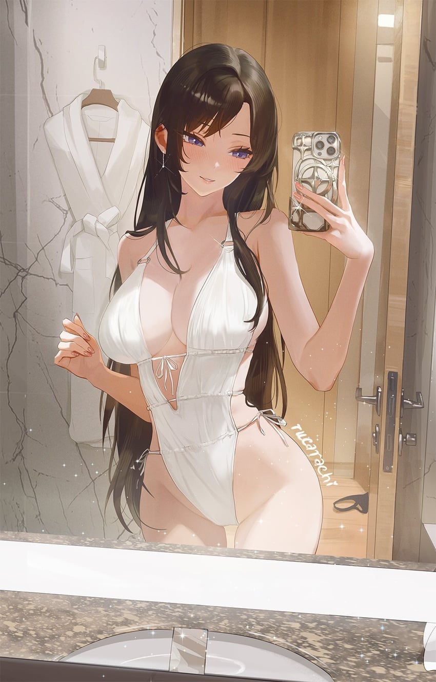 1girls, artist self-insert, bathroom, bathroom selfie, cleavage, deep plunging neckline, looking at phone, mirror, mirror selfie, one-piece swimsuit, ruca (rucarachi), rucarachi, selfie, sideboob, solo, swimsuit, white swimsuit