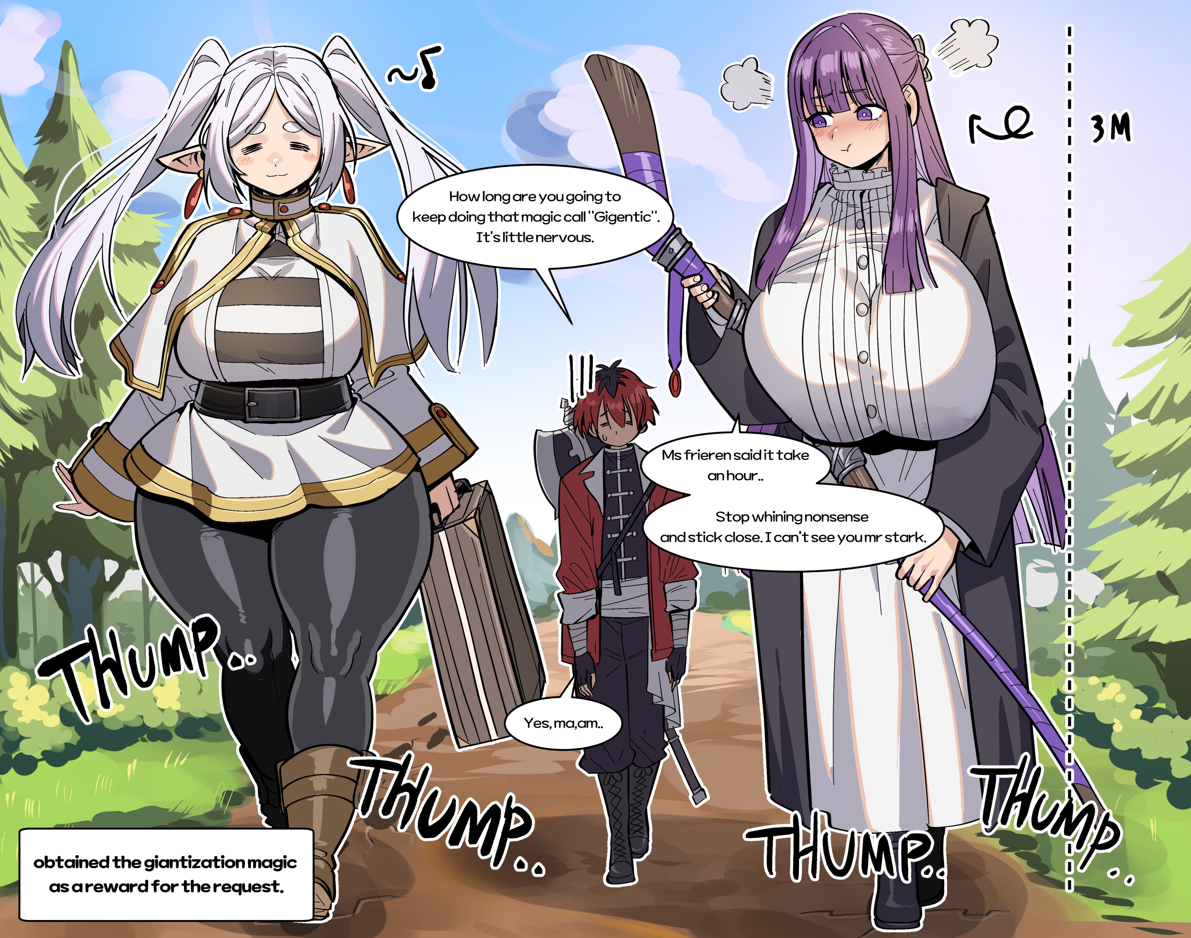 1boy, 2girls, curvy, earrings, english text, fern (sousou no frieren), frieren, frieren beyond journey's end, gamjasssak, huge ass, huge breasts, long hair, male, pointy ears, purple hair, sousou no frieren, staff, stark (sousou no frieren), thick ass, thick thighs, twintails, white hair, wide hips