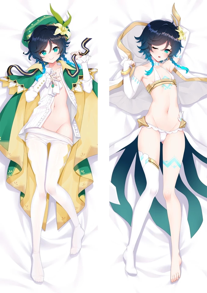 1boy, aqua eyes, blue hair, body pillow, braids, dakimakura, dakimakura design, femboy, genshin impact, girly, male, solo male, trap, venti (genshin impact)
