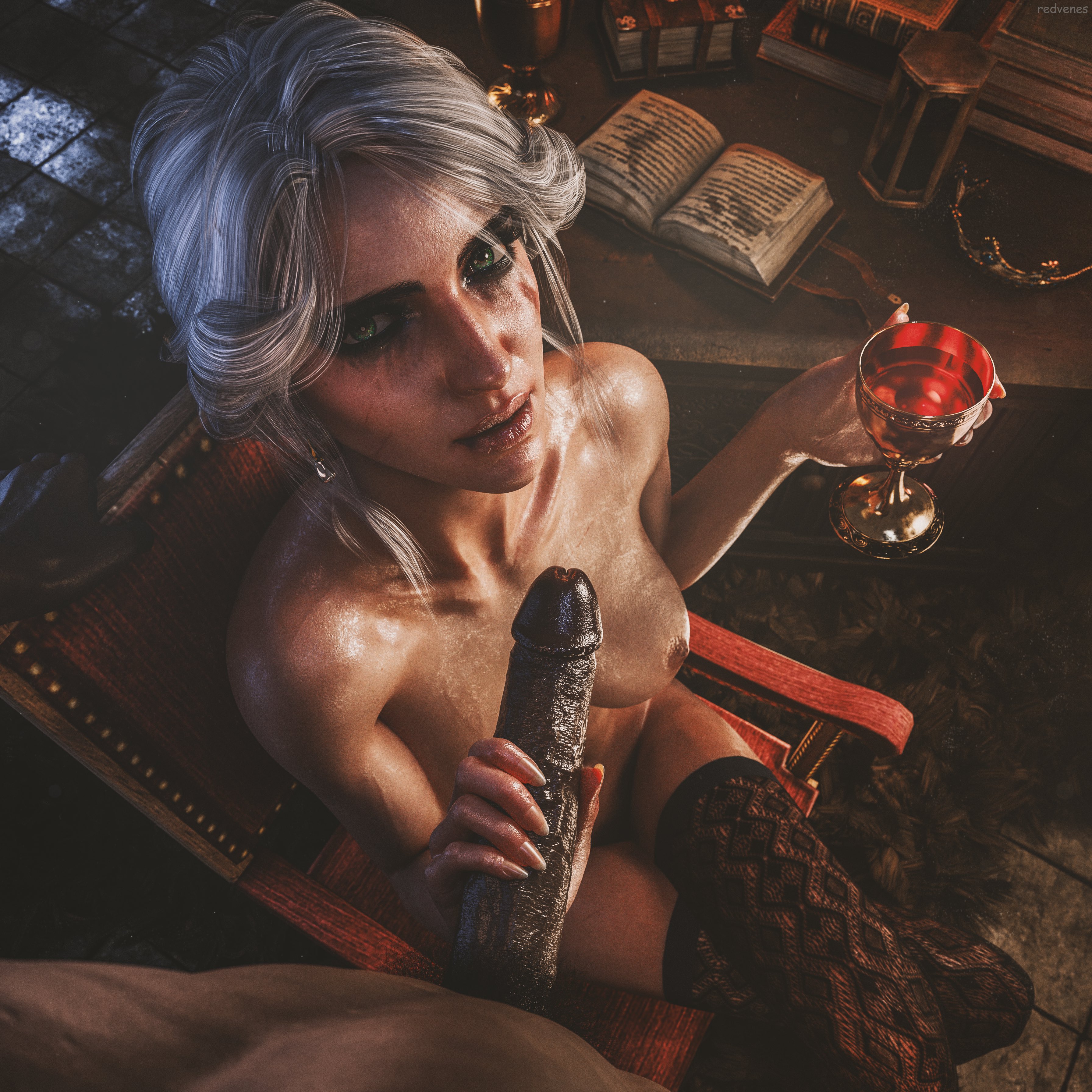 3d, alternate hairstyle, breasts, cd projekt red, ciri, dark skin, dark-skinned male, earrings, female, green eyes, hand on penis, handjob, huge cock, interracial, looking at viewer, medium breasts, partially clothed, pov, redvenes, sharp fingernails, stockings, straight, the witcher (series), the witcher 3: wild hunt, white hair
