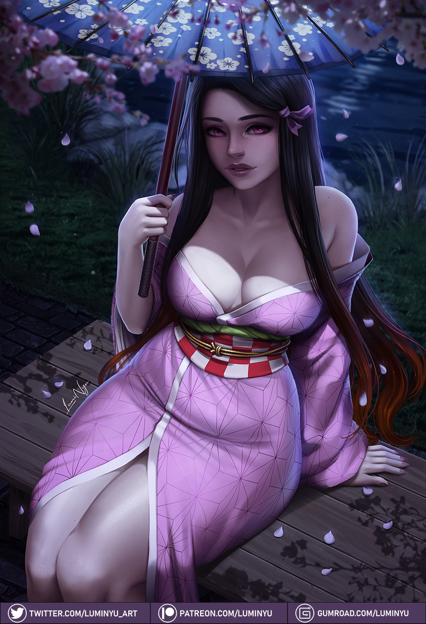 1girls, aged up, bare shoulders, black hair, black-haired female, breasts, cleavage, clothed, clothing, demon, demon girl, demon slayer, female, female focus, female only, kamado nezuko, kimetsu no yaiba, kimono, light skin, light-skinned female, long hair, looking at viewer, luminyu, medium breasts, obi, pale skin, pale-skinned female, purple eyes, realistic, sitting, solo, solo focus, thick thighs, thighs, two-tone hair, umbrella, very long hair, white skin
