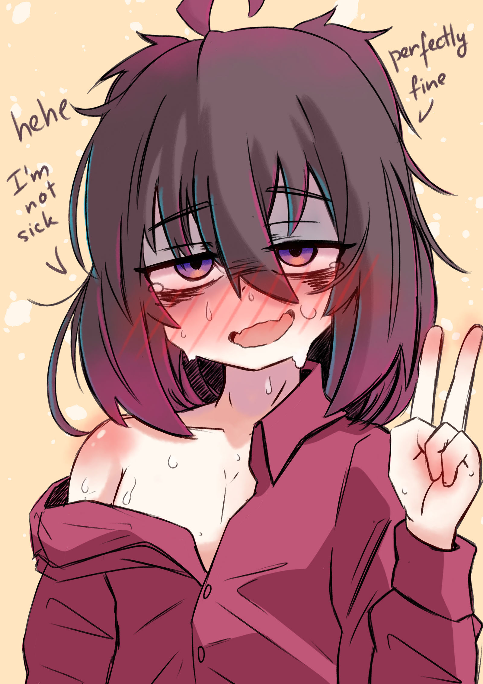 1boy, 1femboy, before and after, before sex, blush, femboy, gesture, kuroyuu, kuroyuu-chi, looking at viewer, male, open mouth, shirt, silly, silly face, stupid, sweating, sweaty, sweaty body, tagme, tired, tired expression, tired eyes, tired look, unbuttoned, unbuttoned shirt, wife material