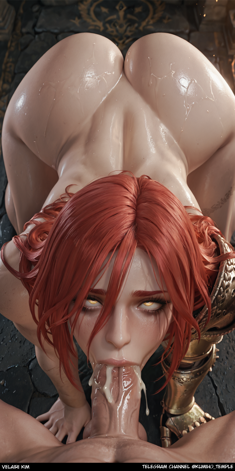 ahe gao, ai generated, anus, aroused, ass focus, best quality, blowjob, broken helmet, castle interior, cum in mouth, cum on ass, cum on body, cum on breasts, cum on face, cum on hair, cum on tongue, cumdrip, dark atmosphere, deepthroat, detailed background, detailed skin, drooling, ecstasy, elden ring, fellatio, floating particles, flushed face, from above, from behind, glossy skin, glowing eyes, goddess of rot, golden armor, golden eyes, golden helmet, half-closed eyes, heterochromia, high quality, highres, huge ass, huge breasts, intricate details, kneeling, large areolae, long hair, malenia, malenia blade of miquella, masterpiece, nipples, nude, open mouth, ornate background, overflowing, pleasure face, pov, pov blowjob, puffy nipples, pussy, pussy juice, realistic, red hair, saliva, shiny skin, spread legs, stone floor, sweat, thick cum, thick thighs, tongue out, ultra detailed, upside-down view, velairi kim, wavy hair, wet skin
