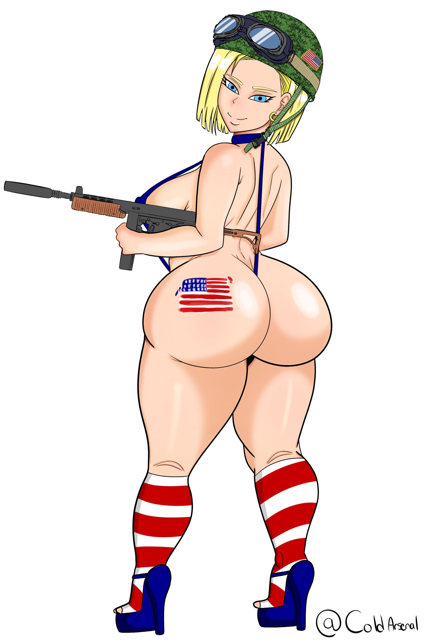 1girls, 4th of july, american flag, american flag legwear, android 18, ass, breasts, bubble ass, bubble butt, busty, coldarsenal, dragon ball, dragon ball z, female, female focus, female only, footwear, goggles, gun, heels, helmet, hourglass figure, no nostrils, pinup, pinup pose, pose, posing, rifle, shounen jump, sideboob, small nose, solo, tagme, very small nose, weapon, wide hips