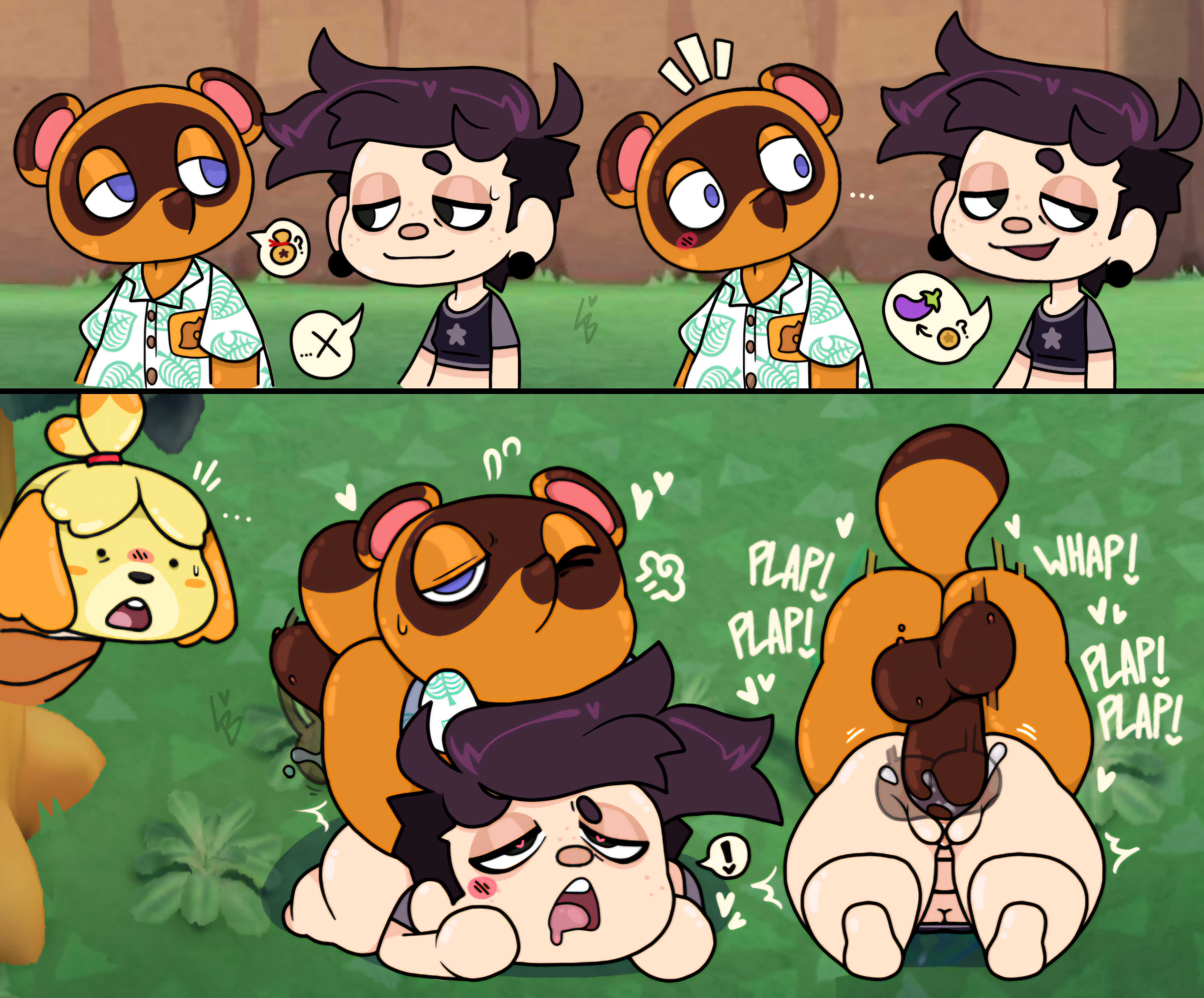 1boy, 1boy1girl, 1girls, 2d, 2d (artwork), ahe gao, animal crossing, balls, doggy style, earrings, eggplant emoji, freckles, furry, furry male, furry on human, interspecies, interspecies sex, isabelle (animal crossing), lavabutts, midriff baring shirt, onomatopoeia, penetration, penis, penis in pussy, reece (lavabutts), self insert, sex, tanuki, tanuki boy, tanuki humanoid, text, tom nook, tom nook (animal crossing), tomboy, vaginal penetration, vaginal sex, villager (animal crossing)