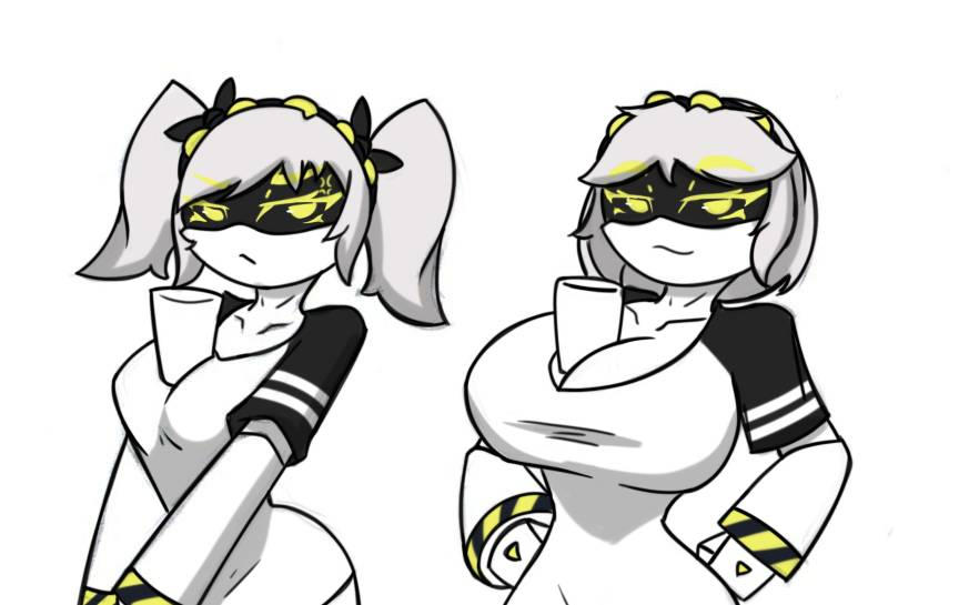 2girls, big breasts, bottle, breasts, challenge, cup, female, female focus, female only, glass, glitch productions, j (murder drones), loser, medium breasts, murder drones, pace-maker, robot, robot girl, serious, serious look, v (murder drones), winner, yellow eyes