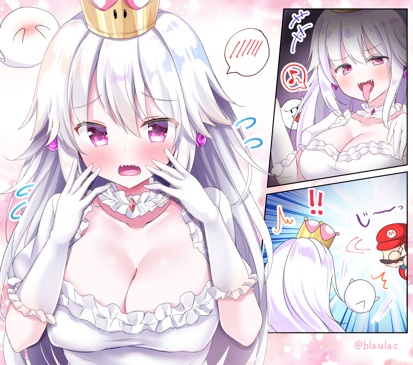 !!, 1boy, 1girls, 2018, 3koma, artist name, blush, boo (mario), boosette, breasts, brooch, cap, cleavage, clothed, clothing, comic, crown, cute, dress, earrings, elbow gloves, embarrassed, evil smile, eyebrows visible through hair, female, flying sweatdrops, frilled dress, frilled gloves, frills, ghost, ghost girl, gloves, hat, highres, humanized, jewelry, large breasts, looking at viewer, male, mario, mario (series), masayo (gin no ame), musical note, new super mario bros. u deluxe, open mouth, pink hair, red clothing, rule 63, sharp teeth, shy, spoken blush, spoken musical note, super crown, super mario bros., surprised, sweat, sweatdrop, teeth, tongue, tongue out, twitter username, wavy mouth, white dress, white gloves, white hair
