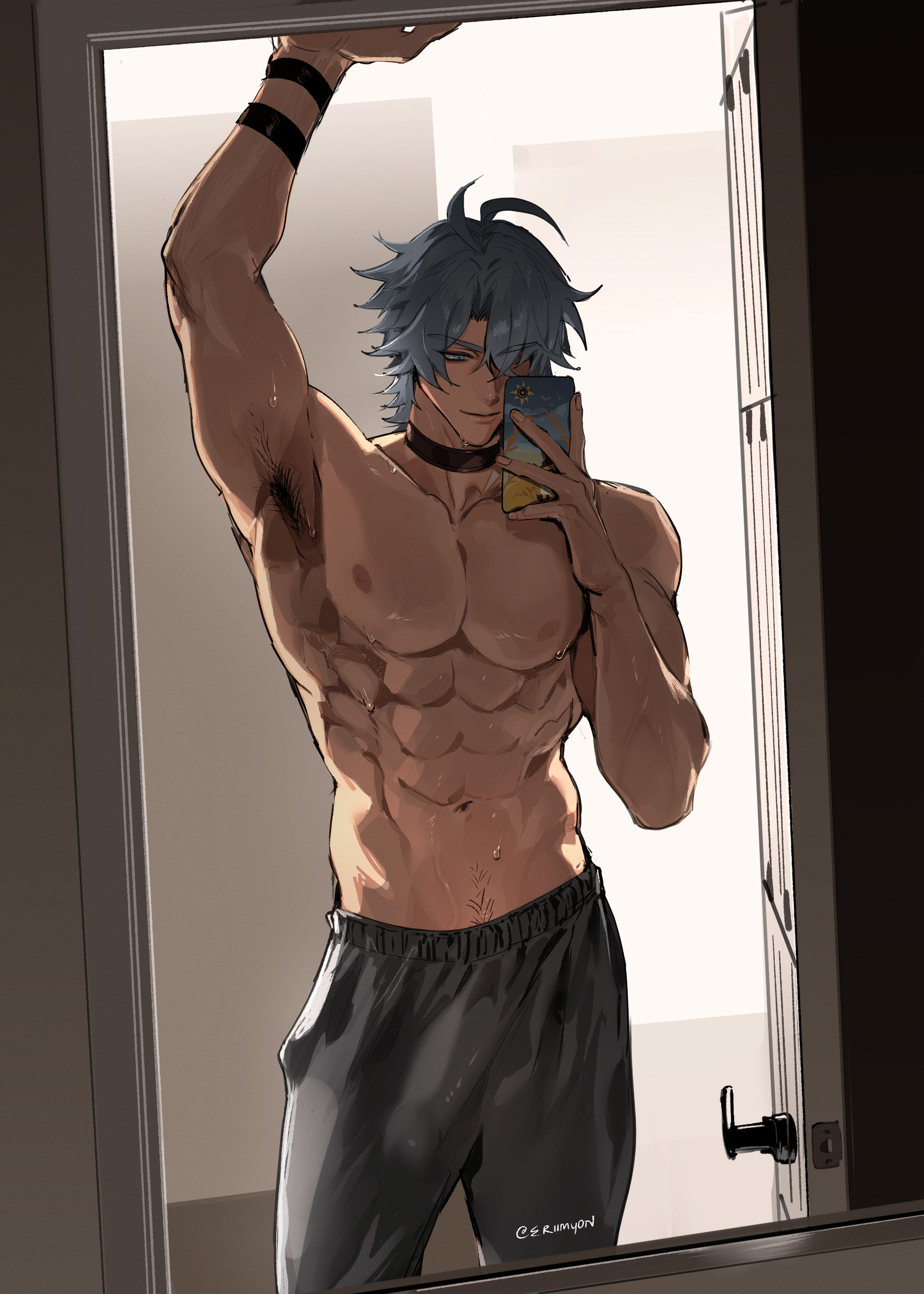 (honkai:, (series), 1boy, abs, absurdres, antenna, arm, armpit, bangs, black, bulge, cellphone, choker, commentary, eriimyon, focus, hair, highres, holding, honkai, honkai:, honkai: star rail, large, male, mirror, navel, pants, parted, pectorals, phainon, phainon (honkai: star rail), phone, rail, rail), selfie, short, shot, smartphone, solo, star, sweat, toned, topless, twitter, up, username, white