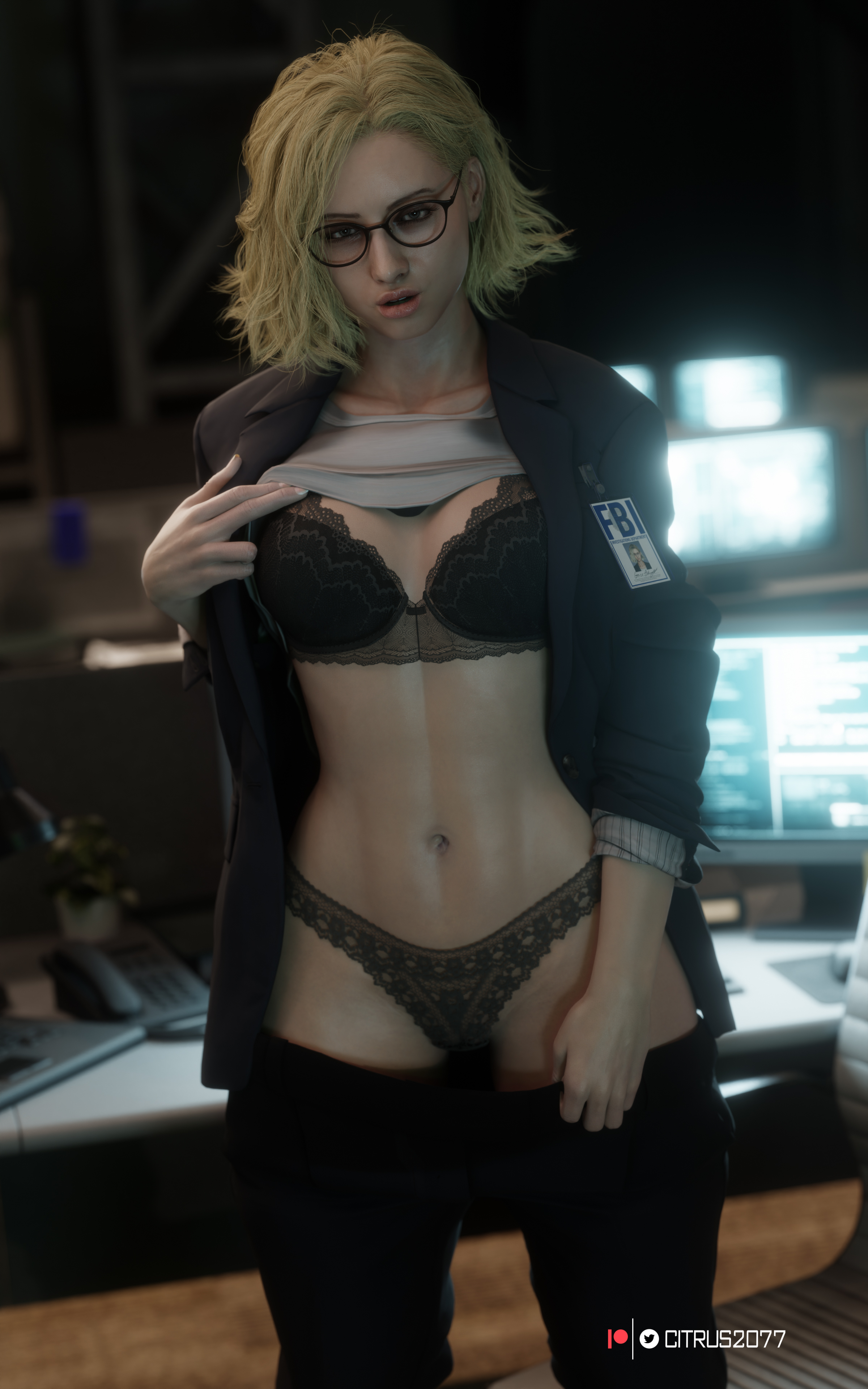1girls, 3d, black bra, black panties, blonde hair, bra, citrus2077, desk, fbi, fbi agent, fbi badge, female, female only, female torso, glasses, grace ashcroft, grace ashcroft (fbi outfit), grace ashcroft (julia pratt), id card, lingerie, panties, pinup, resident evil, resident evil 9: requiem, undressing