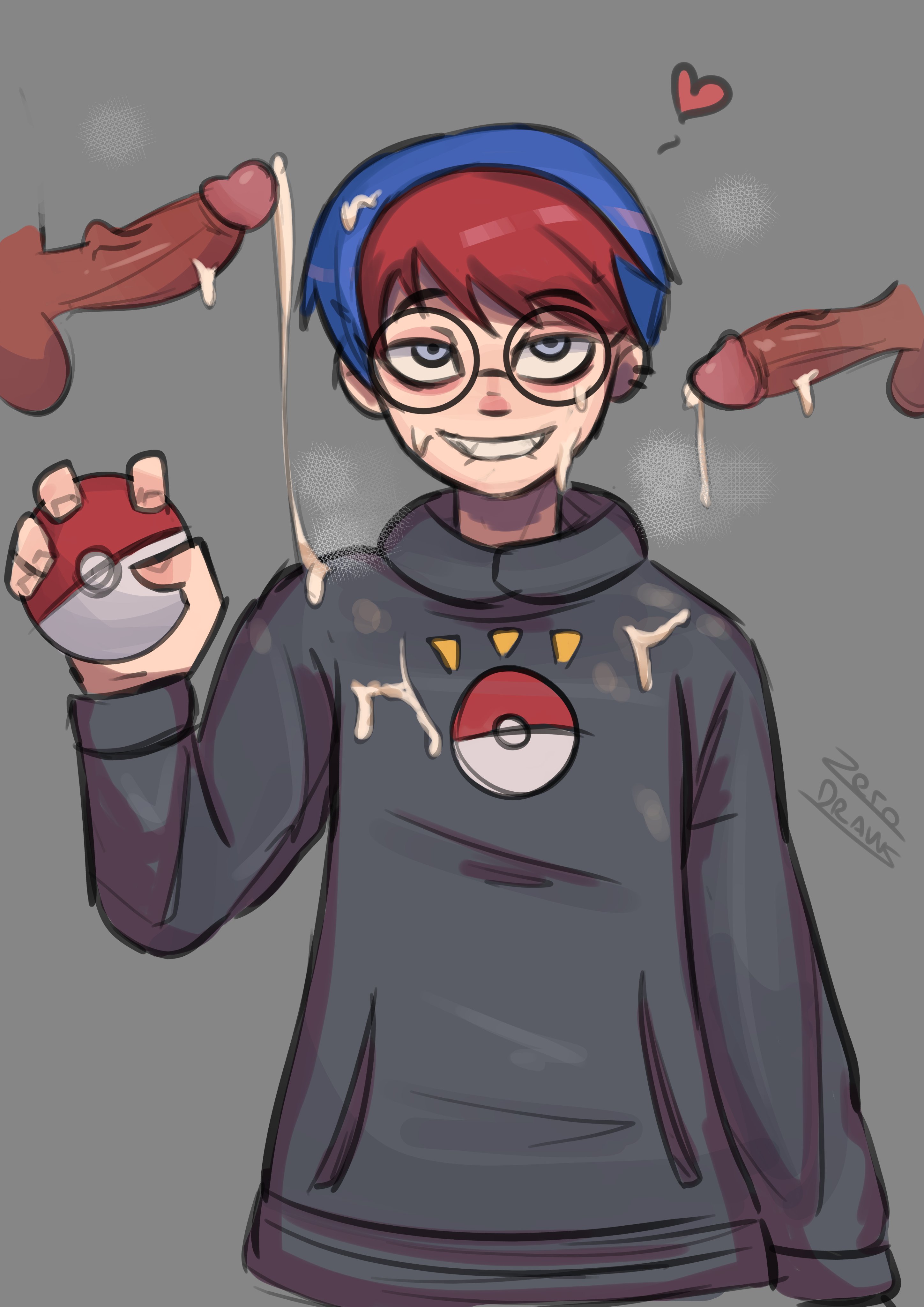 1girls, 2 penises, 2023, 2d, 2d (artwork), androgynous, artist name, artist signature, biting lip, blank background, clothed female, cum, cum on clothes, cum on face, cum on glasses, cum on hoodie, cum on penis, ear piercings, facial, female with glasses, glasses, gray background, grey background, heart, hoodie, is, mmf threesome, multiple penises, penny (pokemon), piercings, pokeball, pokemon, pokemon sv, slight blush, steam, steamy, threesome, tomboy, very short hair, zero dead zone