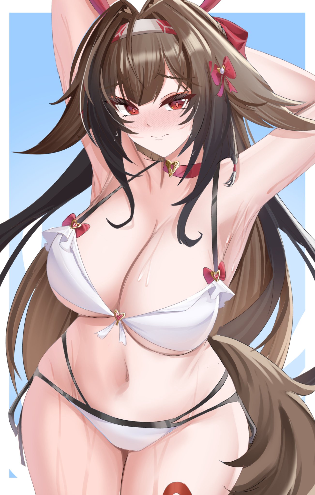 1girls, armpits, arms up, big breasts, breasts, brown hair, exposed breasts, female, hoyoverse, long hair, mihoyo, red eyes, swimsuit, wet, white swimsuit, ye shunguang, zenless zone zero