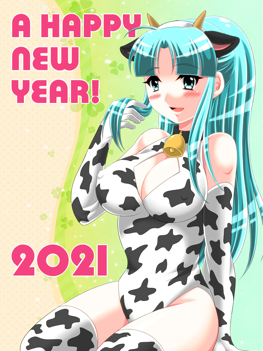 1girls 2021 animal_ears bell_collar blue_eyes blue_hair blush camelot choker collar cow_ears cow_print cowbell elbow_gloves erect_nipples fake_animal_ears golden_sun happy happy_new_year headband large_breasts light_skin long_hair looking_at_viewer mia_(golden_sun) nintendo nipples_visible_through_clothing one-piece_swimsuit ponytail sesamin83 smile swimsuit thick_thighs thighhighs