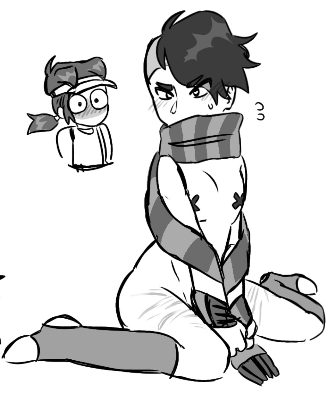 black and grey, blush, brawl stars, edgar (brawl stars), emo, emo boy, fang (brawl stars), scarf, scars, scars on thighs, short hair, simple background, simple coloring, sketch, supercell