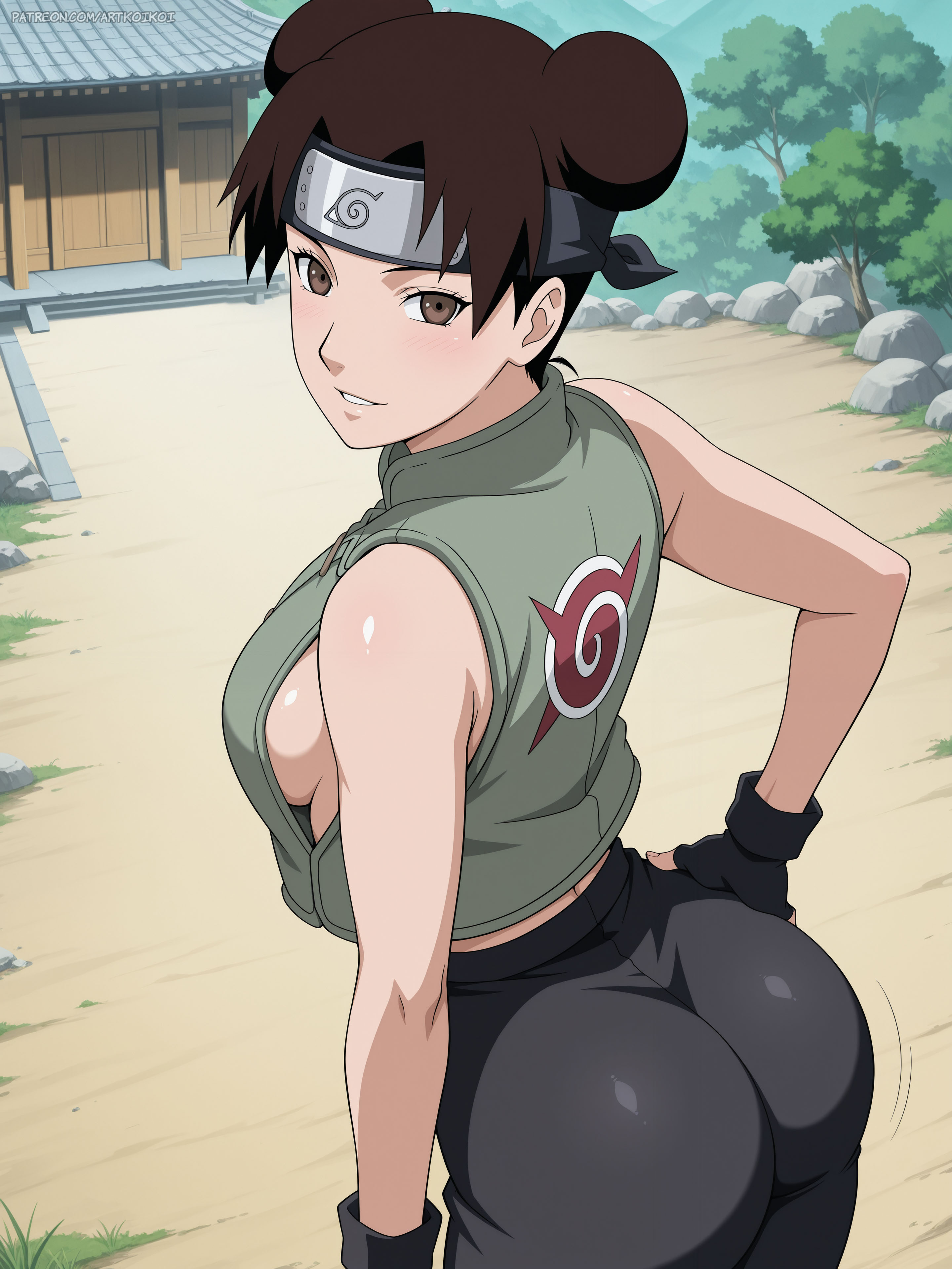 1girl, ai generated, artkoikoi, breast peek, brown eyes, brown hair, brown hair female, curvaceous, curvy female, female, female only, flak jacket, forehead protector, gloves, hair up, hairbuns, hand on hip, jacket, looking at viewer, looking over shoulder, mostly clothed, naruto, naruto (series), naruto shippuden, sexy ass, sexy female, teenage girl, teenager, tenten