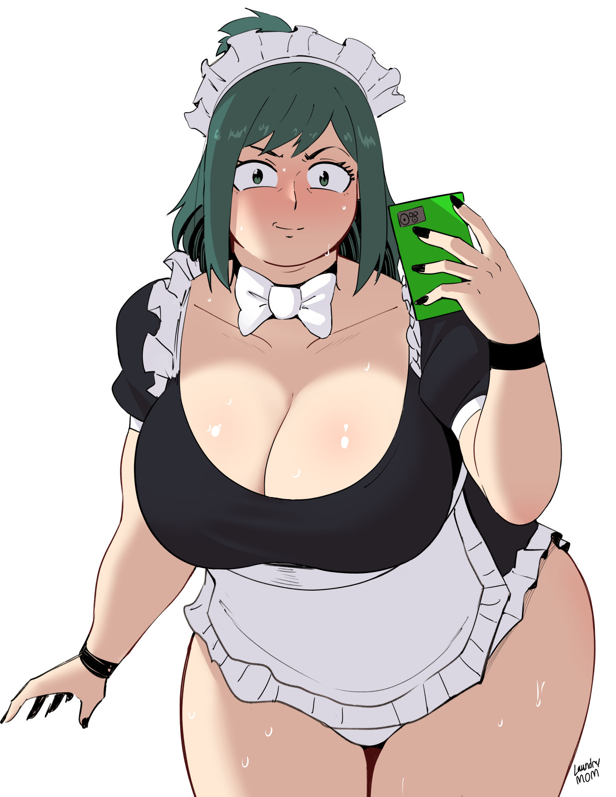 1girls, big breasts, black fingernails, blush, boku no hero academia, bow tie, bowtie, cleavage, exposed panties, female, female only, fingernails, green eyes, green hair, holding phone, holding smartphone, inko midoriya, laundrymom, light skin, light-skinned female, long hair, looking at viewer, maid apron, maid headdress, maid uniform, midoriya inko, milf, mirror selfie, my hero academia, nervous, nervous smile, panties, phone, ponytail, shiny skin, short dress, short skirt, smartphone, smile, smiling, sweat, sweating, thick thighs, white background, wristband