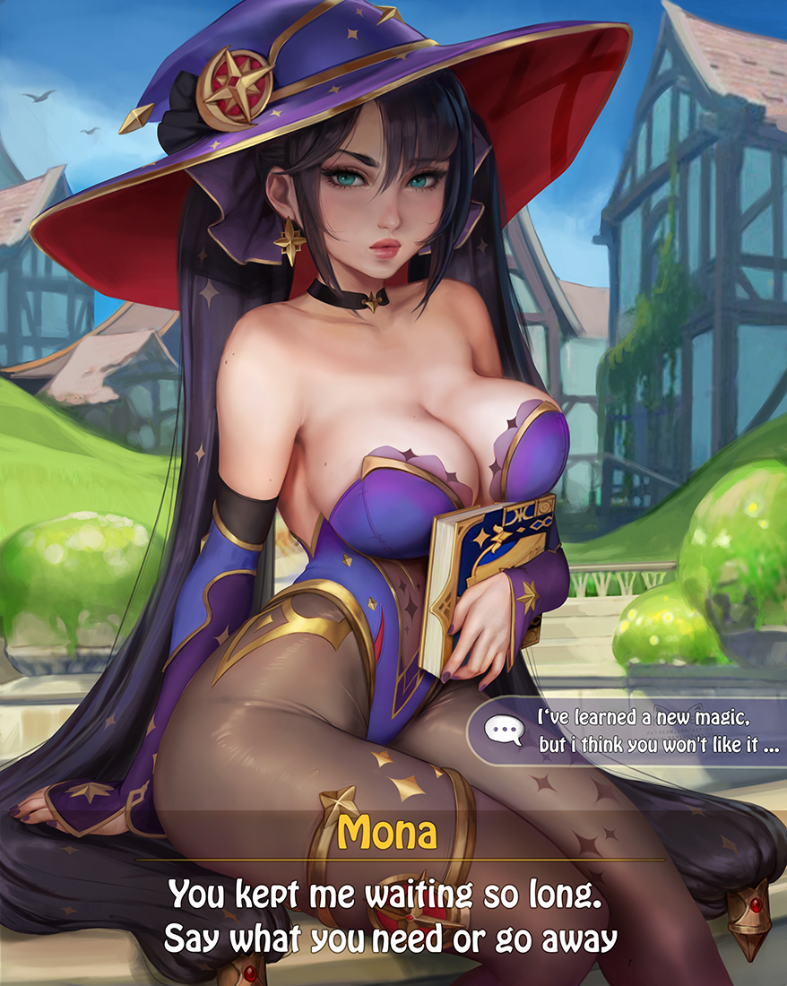 1girls, big breasts, breasts, cleavage, female, female only, genshin impact, kittew, large breasts, looking at viewer, mona (genshin impact), pantyhose, solo
