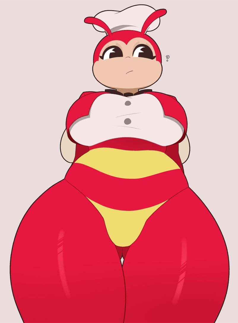 ?, 1girls, bee, bee girl, big breasts, breasts, exqmaster, jollibee, jollibee (mascot), mascot, panties, red body, solo, solo female, thick thighs, thighs