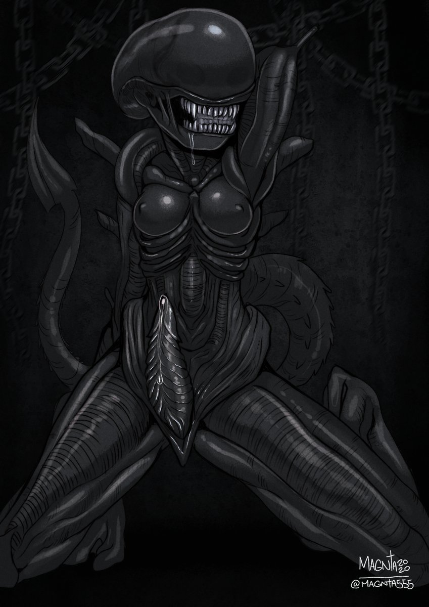 2020 alien alien_(franchise) bodily_fluids breasts drooling erection eyeless front_view futanari genitals greyscale gynomorph hi_res humanoid intersex kneeling magnta monochrome nipples not_furry nude open_mouth penis pointed_tail precum_drip saliva sharp_teeth solo teeth xenomorph