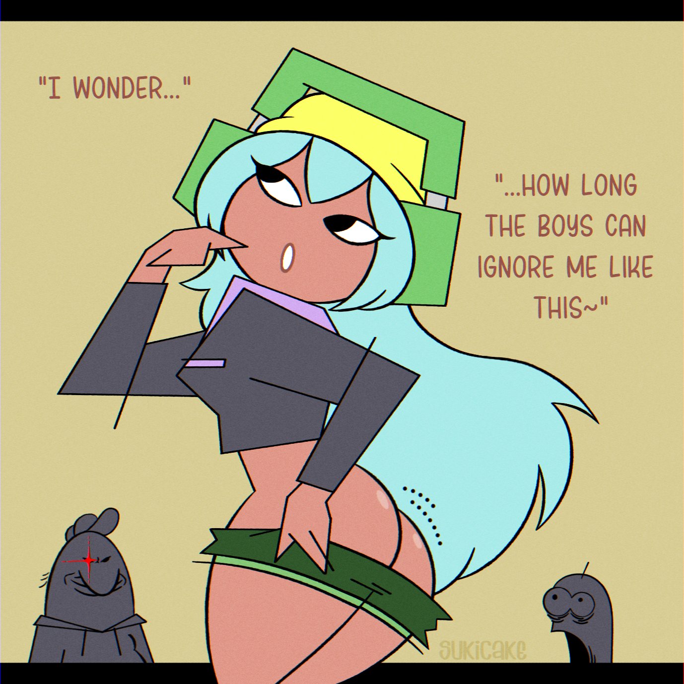 ass, ass crack, ass focus, big ass, big breasts, breasts, brown body, butt crack, charlie (smiling friends), comic, comic page, comic panel, dark skin, dark-skinned female, dialogue, dialogue box, dolly dimpley, female, funny, hat, headphones, male, navel, office, pim (smiling friends), sketch, smiling friends, smiling friends self inserts, sukicake, teasing, text, text bubble, undressing