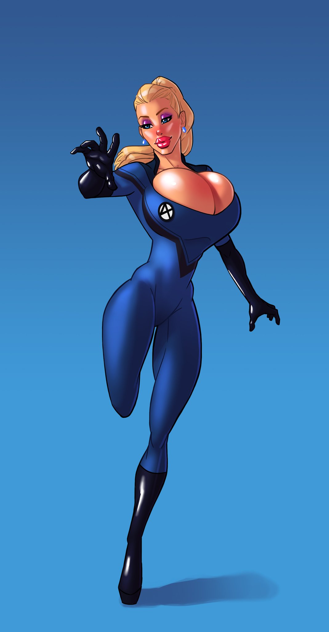 1girls alternate_breast_size alternate_version_available bimbo bimbo_body bimbofication bimbofied blonde_hair blue_background blue_eyes boob_window breasts_bigger_than_head bursting_breasts cleavage cleavage_cutout dargoden earrings eyeshadow fantastic_four female female_only happy huge_breasts human human_only invisible_woman light-skinned_female light_skin lipstick lower_body makeup marvel overflowing_breasts pinup ponytail red_lipstick running simple_background skindentation smile sue_storm superheroine tight_clothing upper_body voluptuous