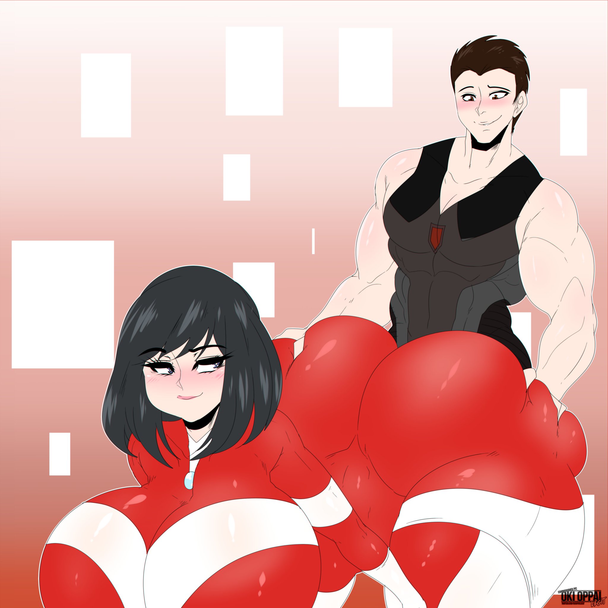 1boy, 1girls, ass, ass grab, ass worship, big ass, big breasts, big butt, black hair, breasts, brown hair, butt grab, fat ass, favorite, female, grinding, horny, huge ass, kodai yui, looking at another, looking at partner, looking back, love, male, muscular, muscular male, my hero academia, oc, okioppai, original, original character, seductive look, seductive smile, smile, smirk, spandex, straight, thick ass, thick thighs, tight clothing, yui kodai
