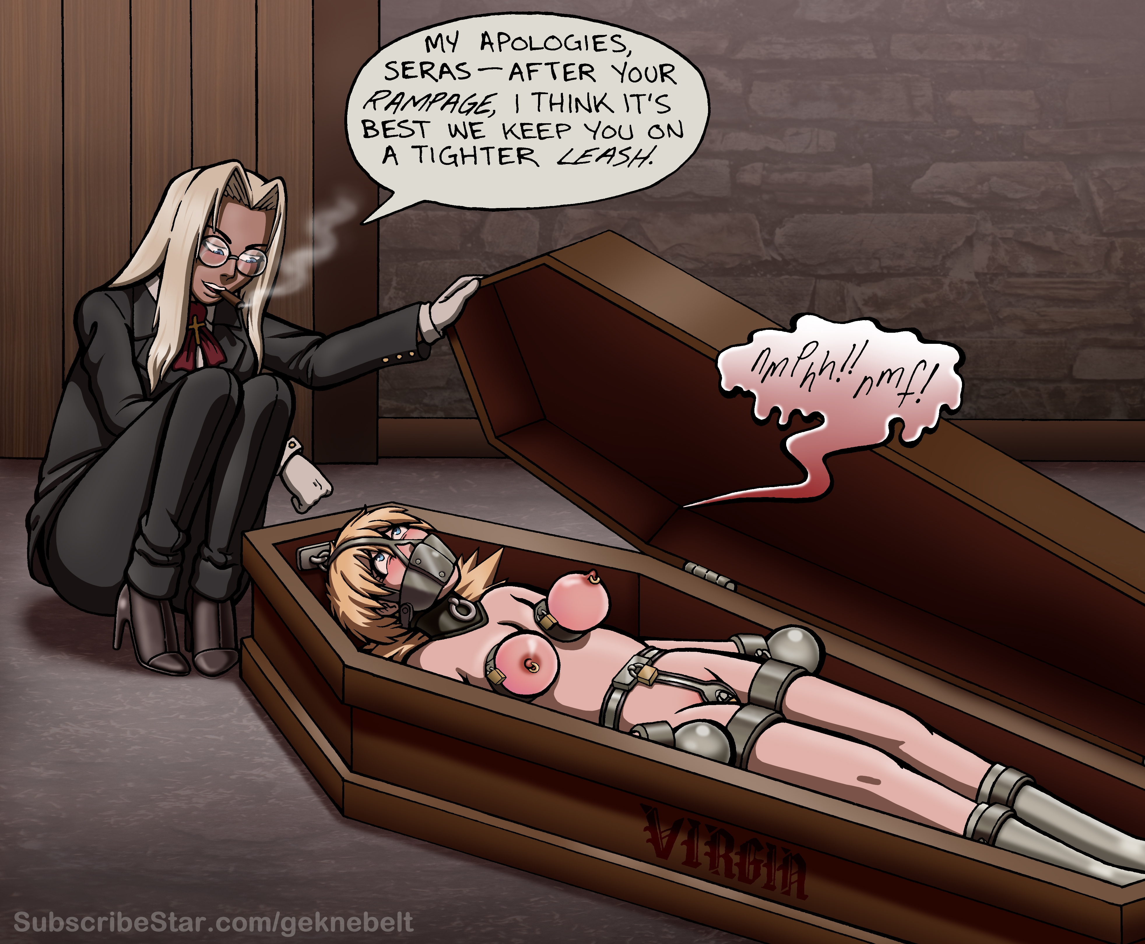 2girls, blonde hair, blue eyes, bondage, bondage gear, bondage gloves, bondage mittens, bound, bound arms, bound breasts, bound hands, bound legs, bound wrists, breast bondage, chastity, chastity belt, chastity device, cigar, coffin, collar, dominant female, english text, female, female chastity, female domination, female only, femdom, femsub, gag, gagged, geknebelt, glasses, hellsing, integra hellsing, lock, metal gag, nipple piercing, nipple rings, padlock, piercing, posture collar, seras victoria, smoke, smoking, speech bubble, stationary restraints, steel bondage, text, thigh cuffs