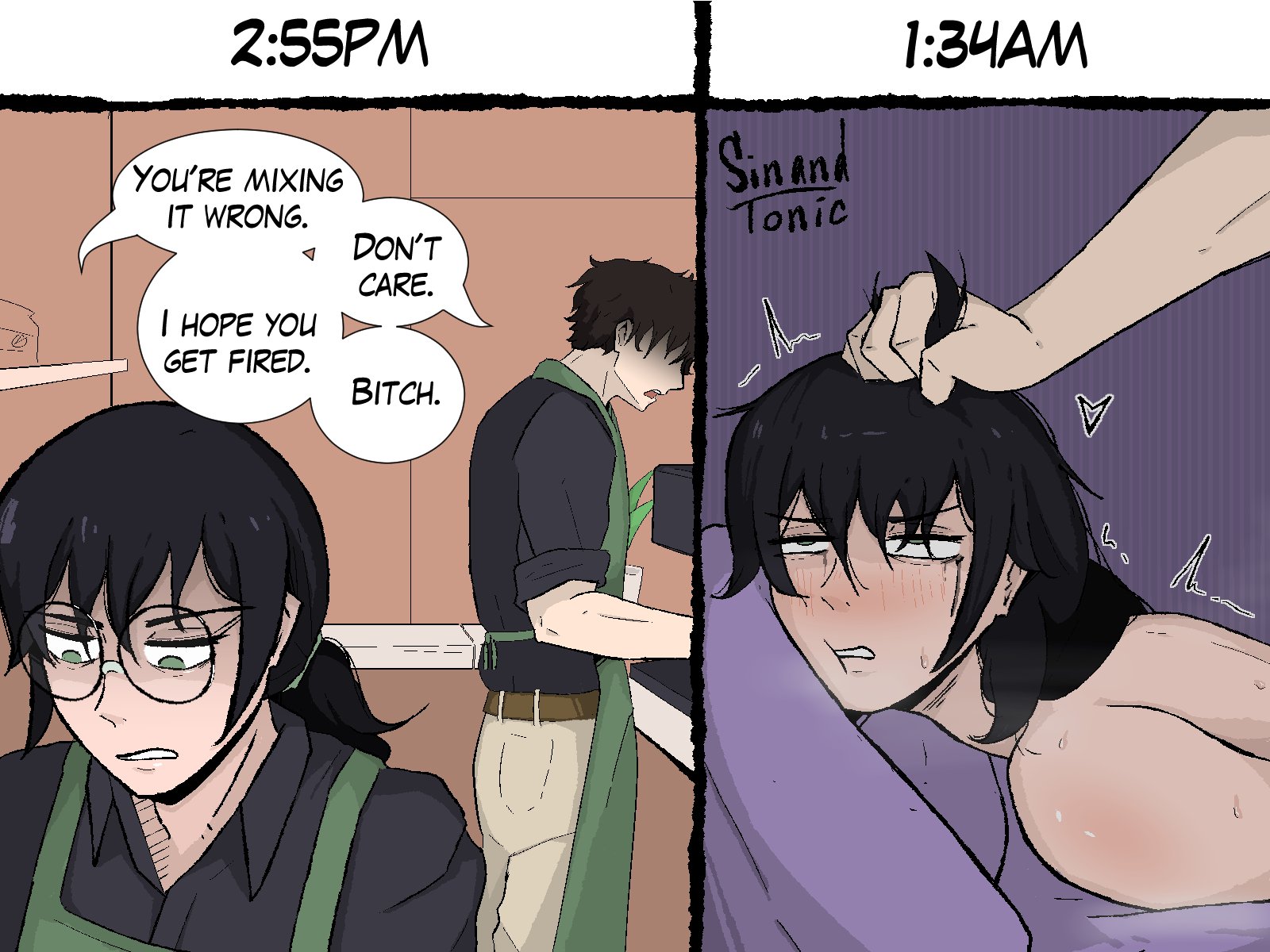 arguing, artist name, blush, completely nude, doggy style, dominant male, english text, eyes rolling back, face down ass up, face in pillow, glasses, hand on head, hate sex, loving it, oddly wholesome, on bed, original characters, pinned down, pounding, pulling hair, sinandtonic (artist), talking to partner, twitch lines, workplace