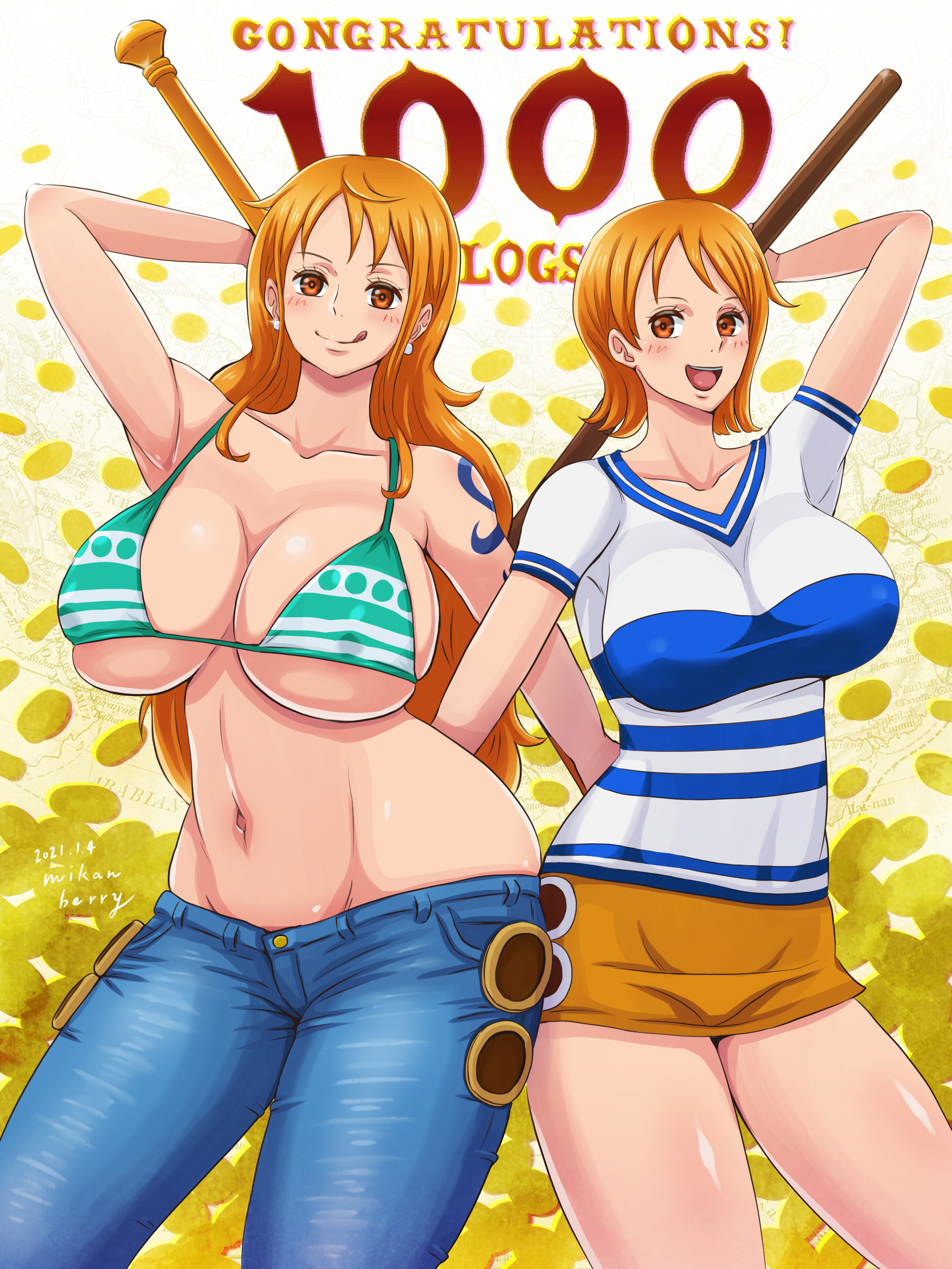 2girls, abs, arm tattoo, armpits, arms behind head, arms up, ass, bare arms, bare shoulders, bbw, big breasts, bikini, bikini top, blue tattoo, blush, breast size difference, breasts, breasts bigger than head, busty, clothed, clothing, curvaceous, curvy, curvy figure, erect nipples, erect nipples under clothes, female, female focus, female only, fully clothed, going commando, hand on ass, hourglass figure, jeans, large breasts, legs, licking lips, light skin, light-skinned female, long hair, looking at viewer, medium breasts, mikanberry, miniskirt, nami (one piece), naughty face, nipple bulge, nipples, no bra, no panties, no underwear, one piece, open mouth, orange eyes, orange hair, orange-haired female, pale skin, pale-skinned female, pants, pose, posing, short hair, short skirt, skirt, standing, striped bikini, t-shirt, tattoo, thighs, tight jeans, tight pants, tongue, tongue out, voluptuous, wide hips