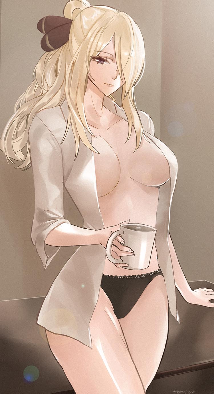 1girls, 2d, big breasts, black panties, blonde hair, breasts, cleavage, coat, coffee, coffee mug, covered eye, covered nipples, cynthia (pokemon), female, female only, game freak, hair ornament, hair over one eye, human, human only, indoors, large breasts, light skin, mug, nintendo, panties, pokemon, pokemon dppt, solo, tommy (kingdukeee), underwear, white coat