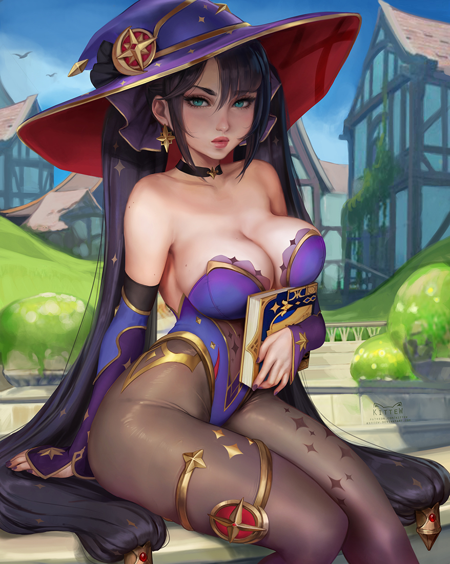 1girls, big breasts, breasts, cleavage, female, female only, genshin impact, kittew, large breasts, looking at viewer, mona (genshin impact), pantyhose, solo