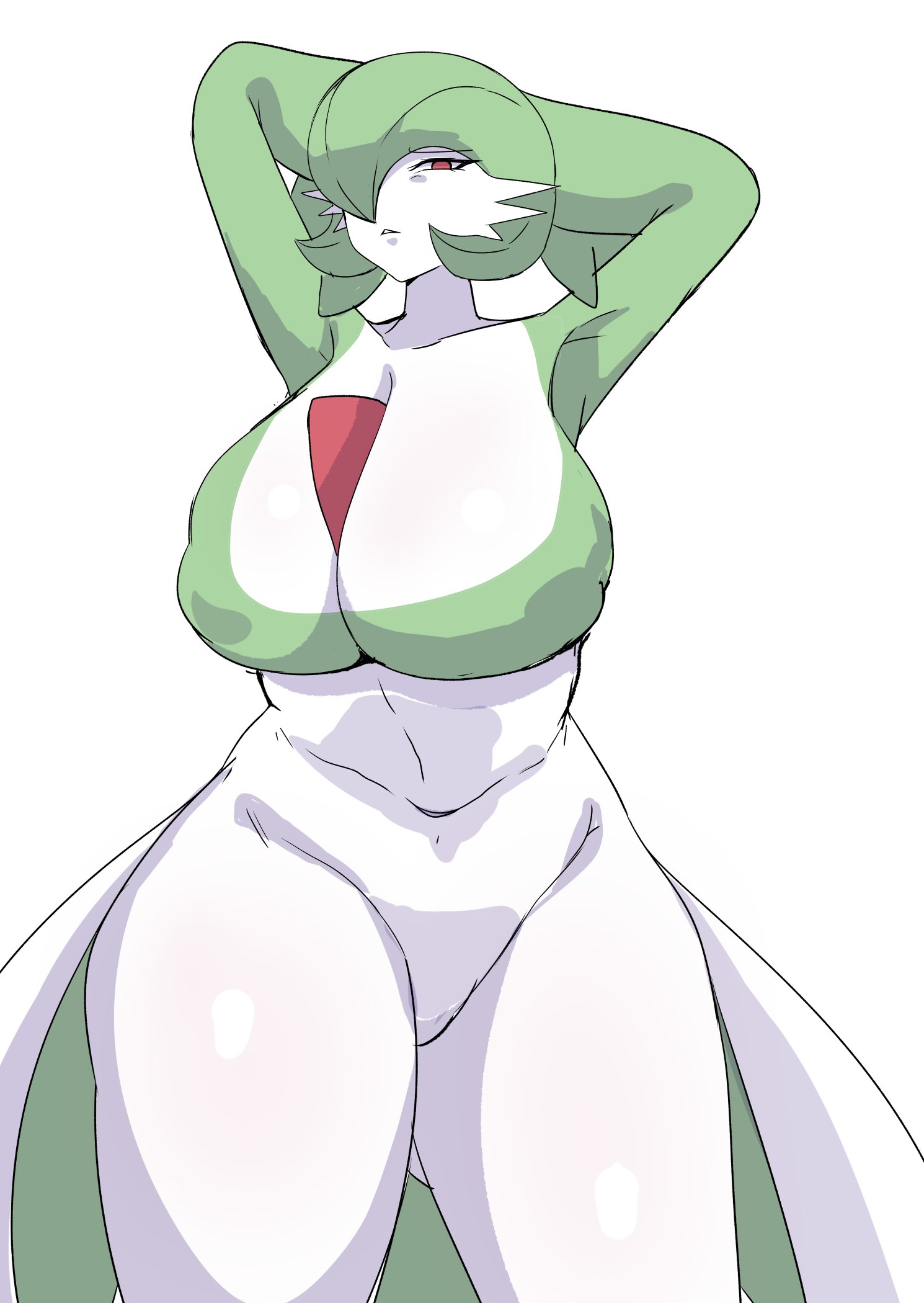 1girls, armpits, big breasts, breasts, female, female only, gamefreak, gardevoir, generation 3 pokemon, green hair, hi res, huge breasts, humanoid, large breasts, looking at viewer, navel, nintendo, one eye obstructed, palae, palaeblue, pale skin, pokemon, pokemon (species), pokemon rse, red eyes, short hair, solo, standing, teeth, thighs, white background, younger female