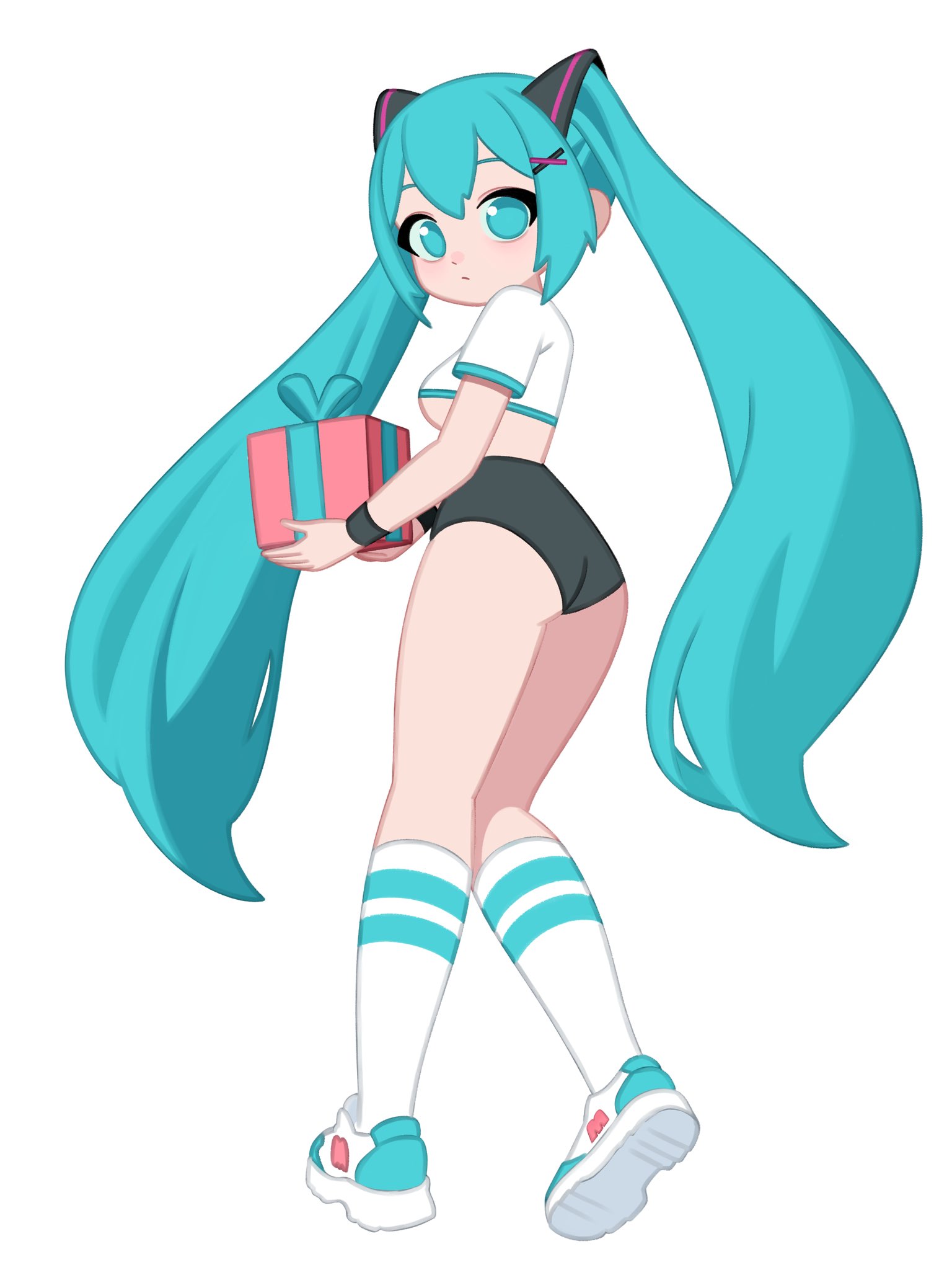1girl, aqua eyes, aqua footwear, aqua hair, aqua nails, ass, bangs, box, breasts, buruma, crop top, crop top overhang, cropped shirt, full body, gift, gift box, hair ornament, hatsune miku, highres, hochihochiha, hochihochihavocaloid, holding, holding object, holding present, kneehighs, leotard, long hair, looking at viewer, looking back, medium breasts, shirt, shoes, short sleeves, simple background, sneakers, socks, solo, standing, twintails, underboob, very long hair, white background, white shirt, white socks, x hair ornament