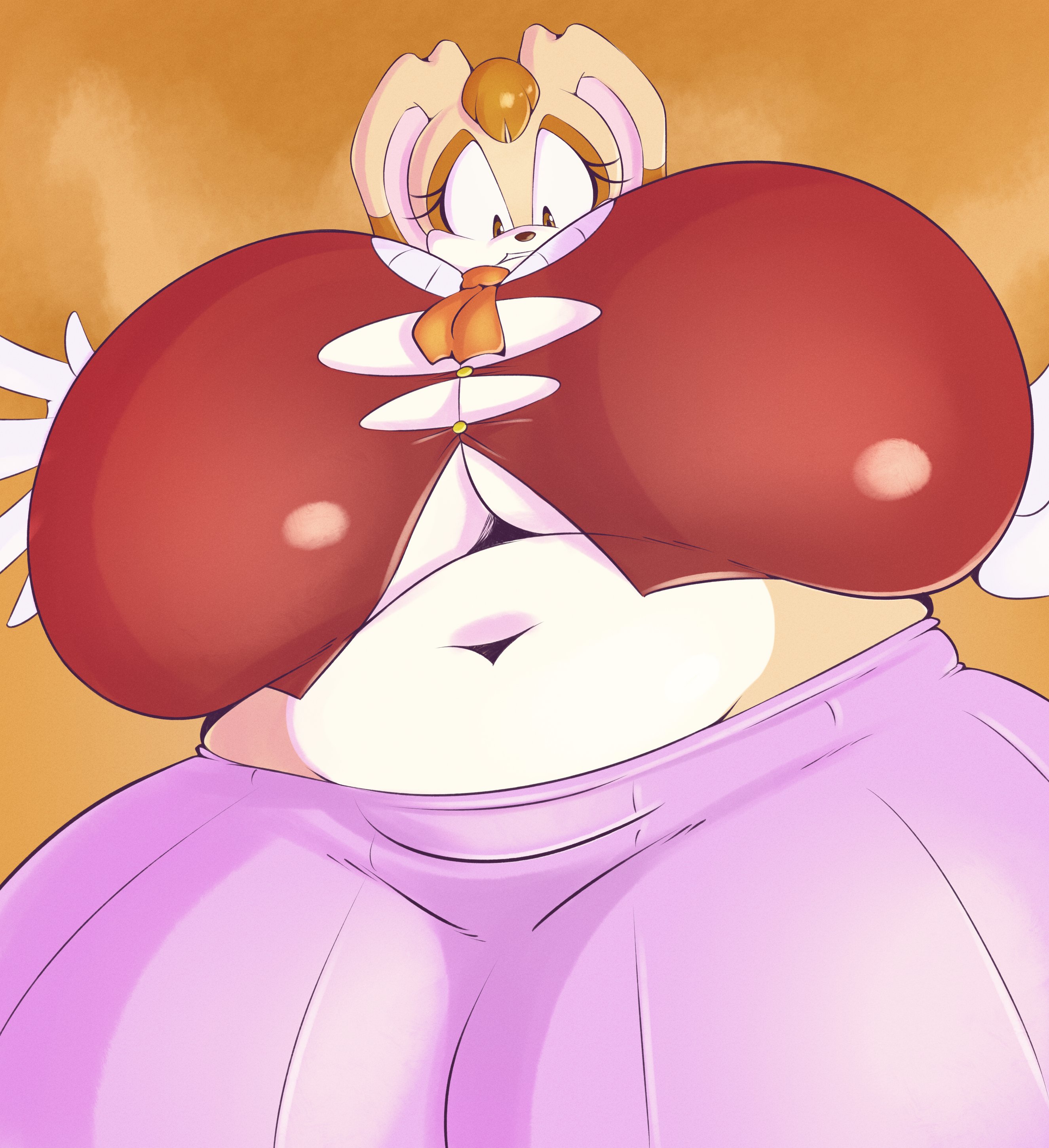1girls, anthro, breasts, breasts bigger than head, bursting breasts, female, furry, huge breasts, hyper breasts, looking down, navel, smotrilla, solo female, sonic (series), tagme, thick thighs, vanilla the rabbit, wide hips