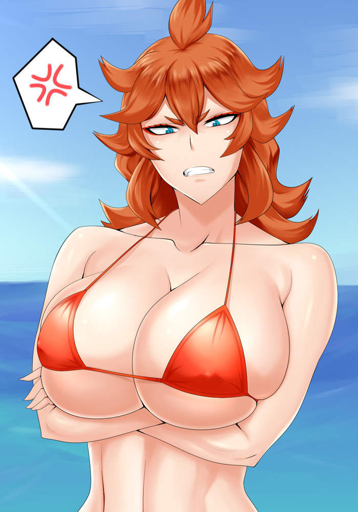 anger vein, angry, big breasts, bikini, bikini top, black clover, blue eyes, breast support, breasts, breasts bigger than head, clenched teeth, clouds, collarbone, crossed arms, female, ginger, ginger hair, horizon, huge breasts, large breasts, mereoleona vermillion, midriff, muscular, muscular female, nipple bulge, open mouth, orange hair, sea, seaside, short eyebrows, showing teeth, sky, teeth clenched