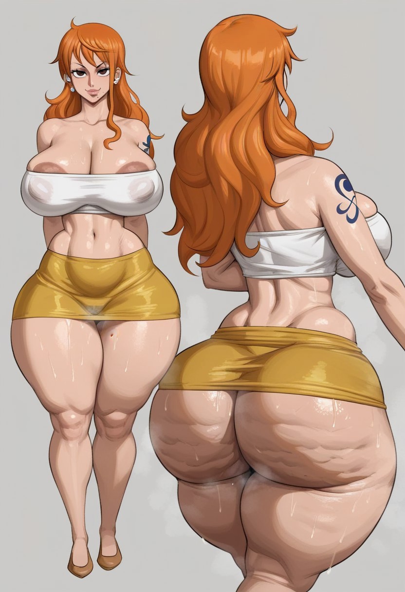 ai generated, areola, areolae, ass, big ass, big breasts, brown eyes, cellulite, fat ass, female, female only, nami (one piece), oiled, one piece, orange hair, sagging breasts, skirt, strapless top, taiga20, thick thighs