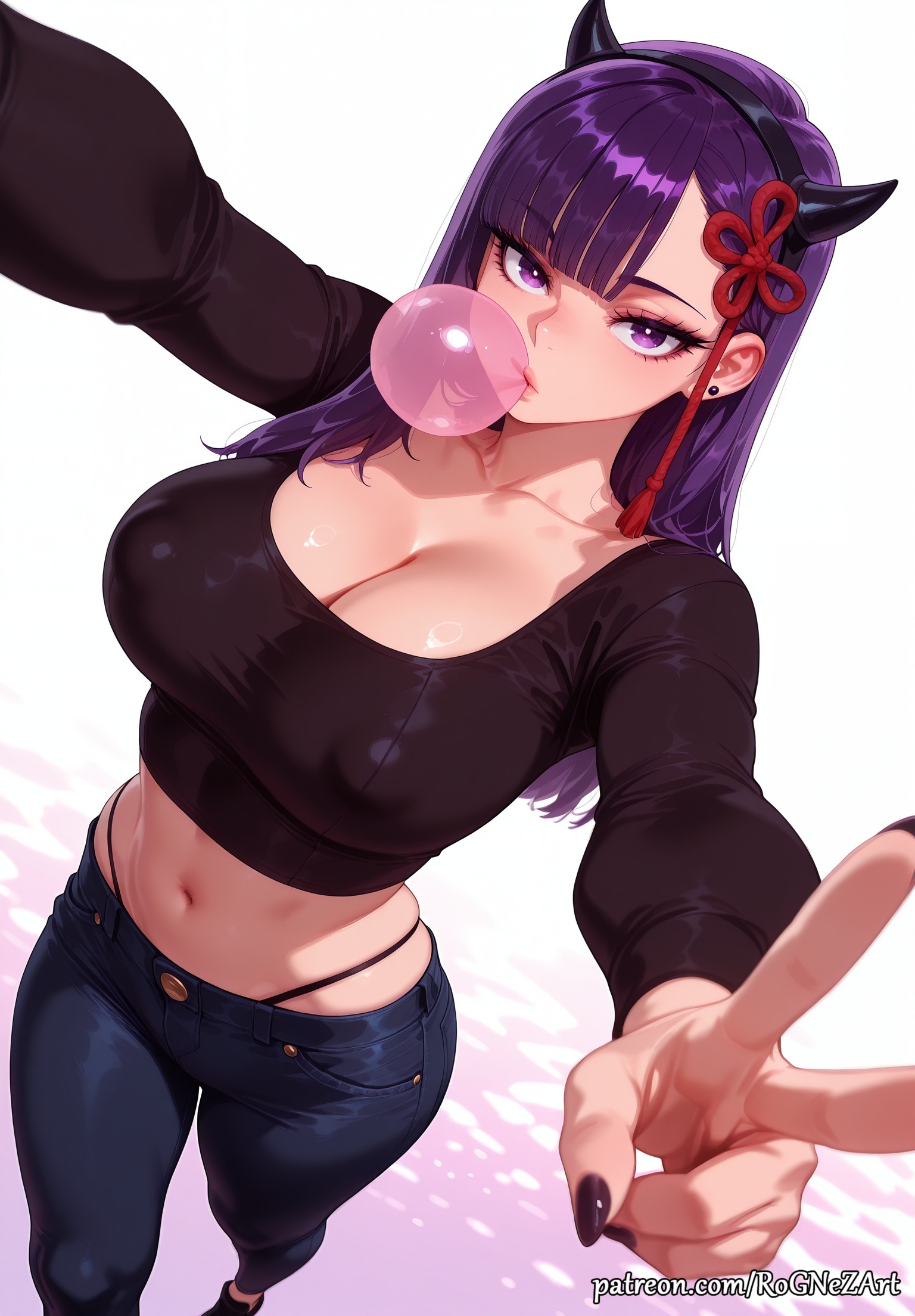 2025, ai generated, anime, bangs, black panties, black shirt, blunt bangs, breasts, bubble blowing, chewing gum, cleavage, collarbone, covered nipples, crop top, crossover, demon horns, denim, earrings, eye contact, fake horns, female, female focus, female only, foreshortening, hair accessory, hair ornament, hairband, highleg panties, highres, horns, huge breasts, jeans, jewelry, large breasts, long hair, long sleeves, looking at viewer, mato seihei no slave, midriff, nail polish, navel, nsfw, panties, pants, patreon, purple eyes, purple hair, reaching towards viewer, rognezart, selfie, shirt, solo, tassel, thong, underwear, v, very long hair, yamashiro ren