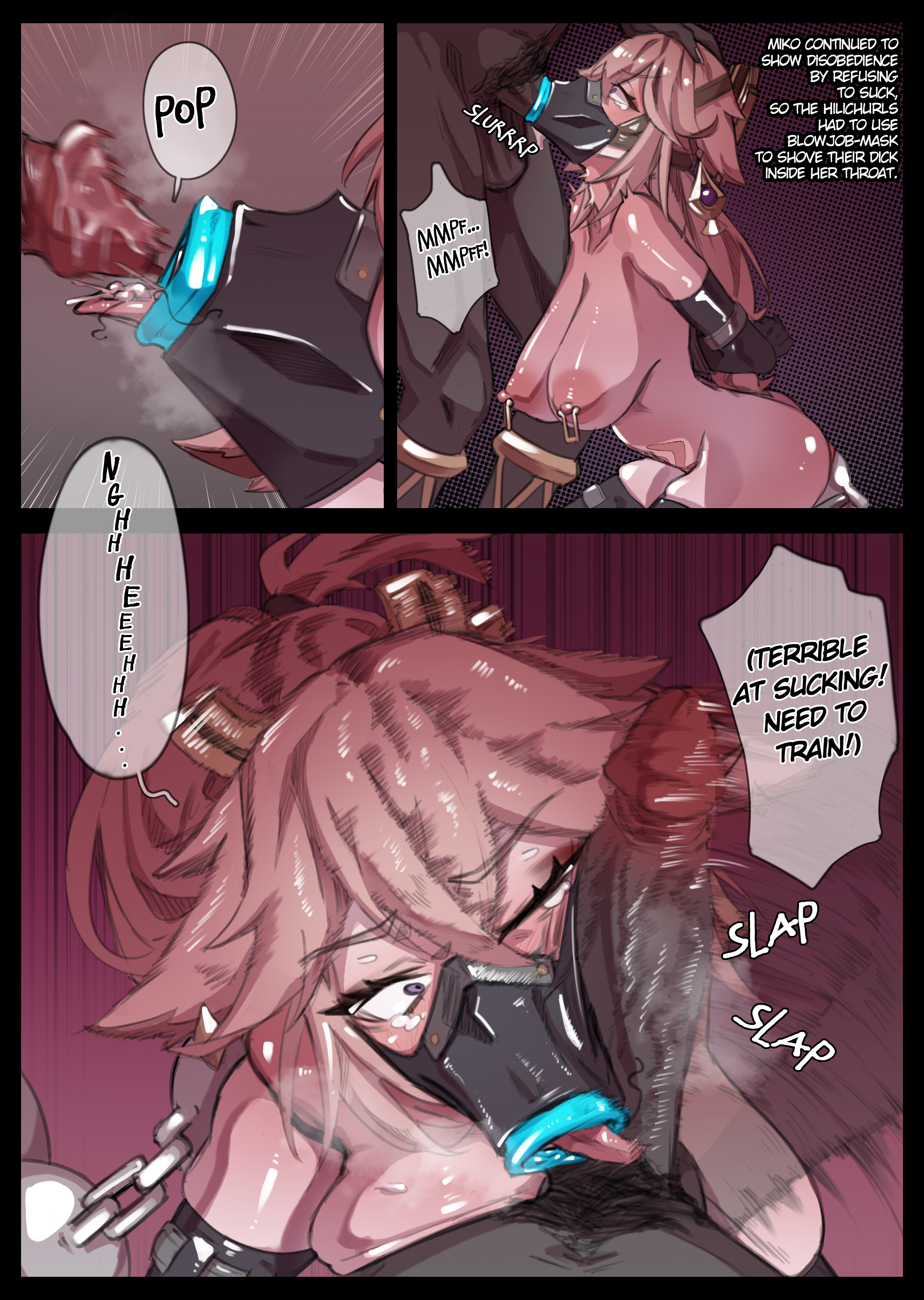 1boy, 1girls, animal ears, anthro, bare shoulders, big penis, blowjob, blowjob face, blowjob mask, breasts, dark-skinned male, defeat, defeat sex, defeated, defeated hero, defeated heroine, duo, earrings, english text, fellatio, fellatio mask, female, fox ears, genshin impact, hair between eyes, hilichurls (species), hoyoverse, japanese clothes, jewelry, large breasts, legs, long hair, long sleeves, low-tied long hair, male, miwerjooggetser, nontraditional miko, penis, pink hair, purple eyes, shirt, soaking feet, very long hair, white shirt, white sleeves, yae miko