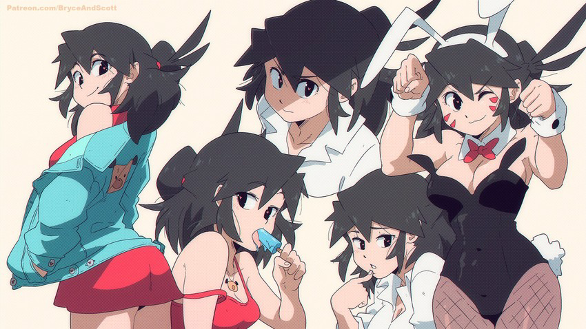 ass black_eyes black_hair bunny_ears bunny_girl bunnysuit female heart-shaped_pupils lucia_(scott_malin) multiple_outfits multiple_poses multiple_views popsicle scott_malin tagme the_panty_bear